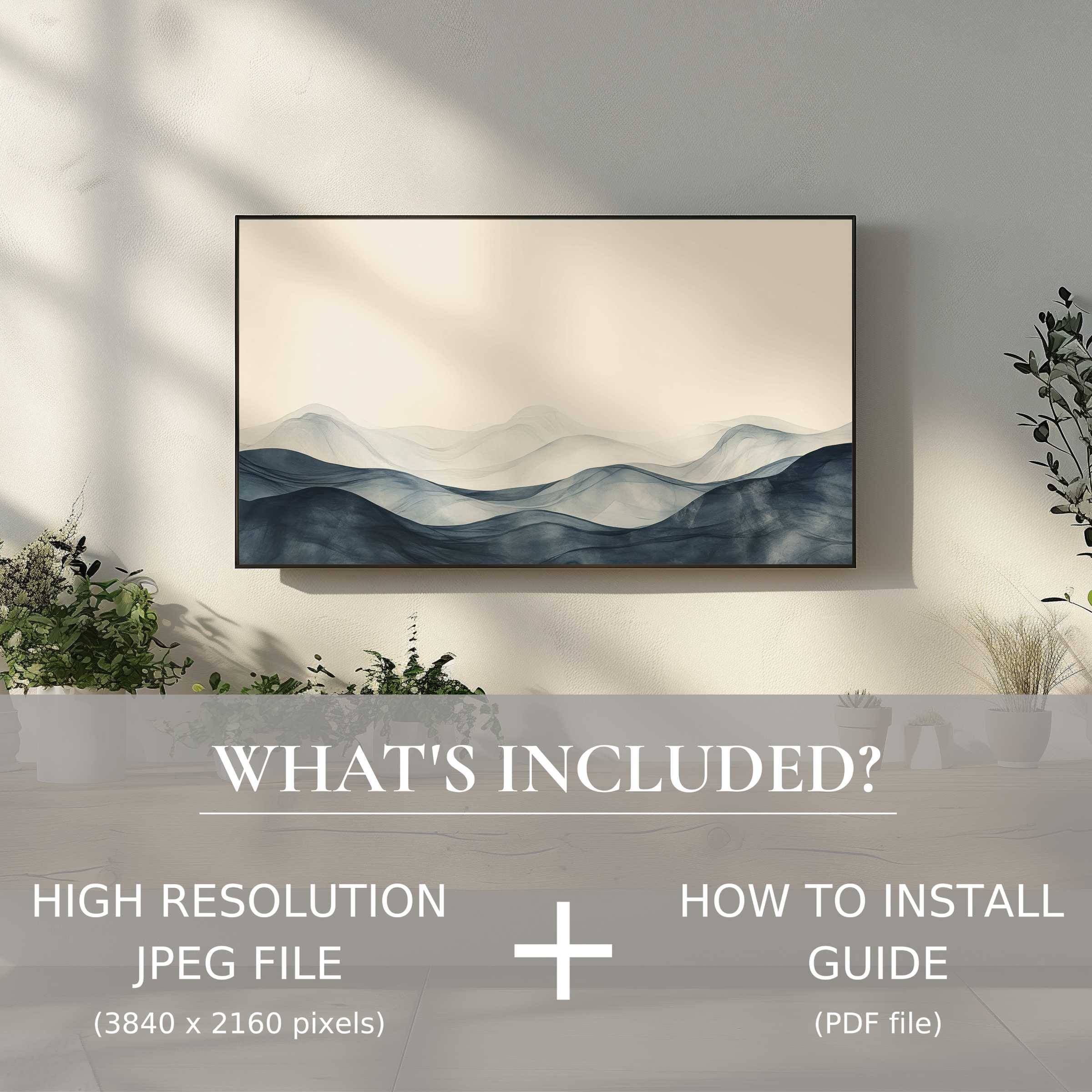 Neutral digital TV art download with serene waves, effortlessly elevating modern living spaces through easy digital use