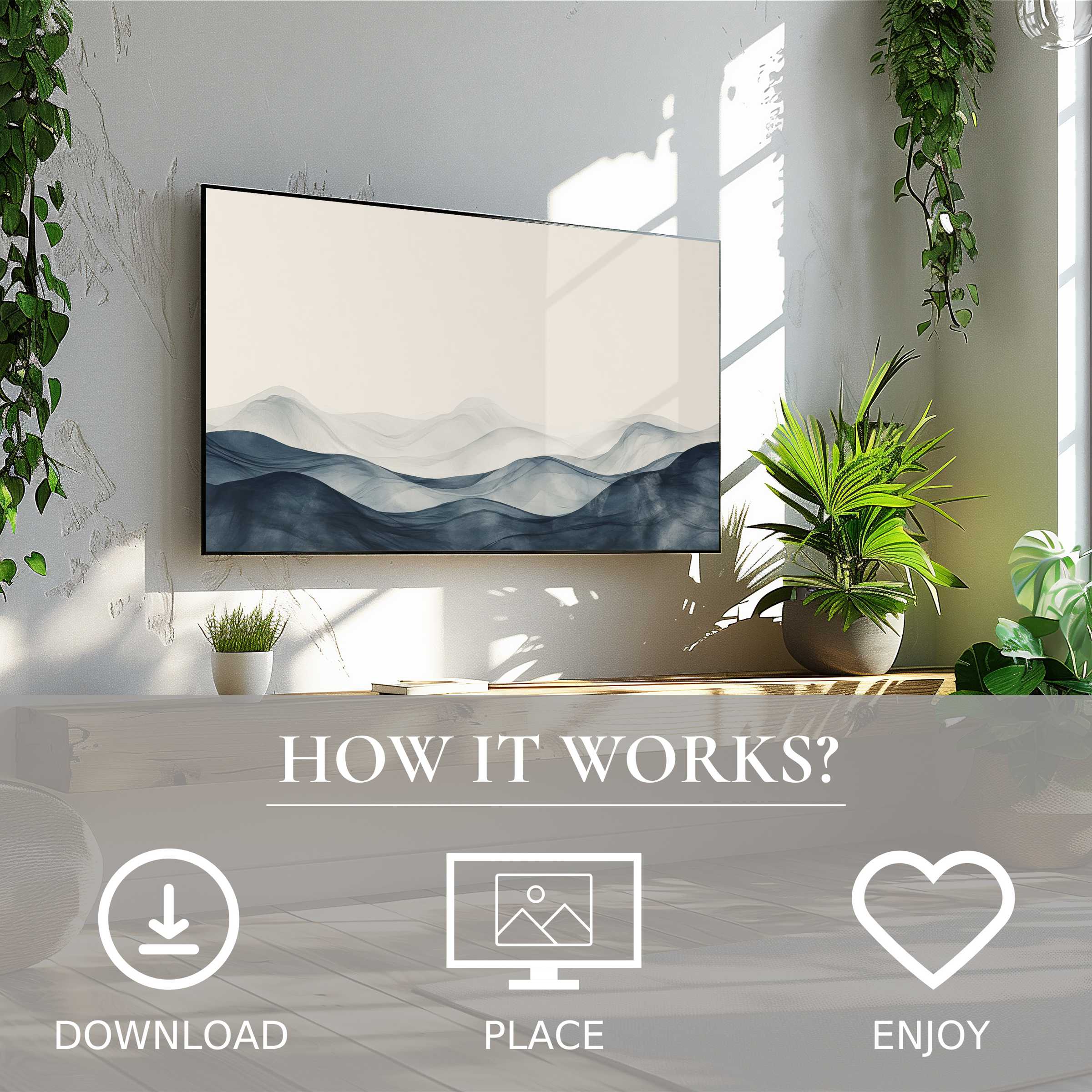 Neutral art for Samsung TV in a bright room; easy digital download with soft blue-gray mountain motif enriches decor