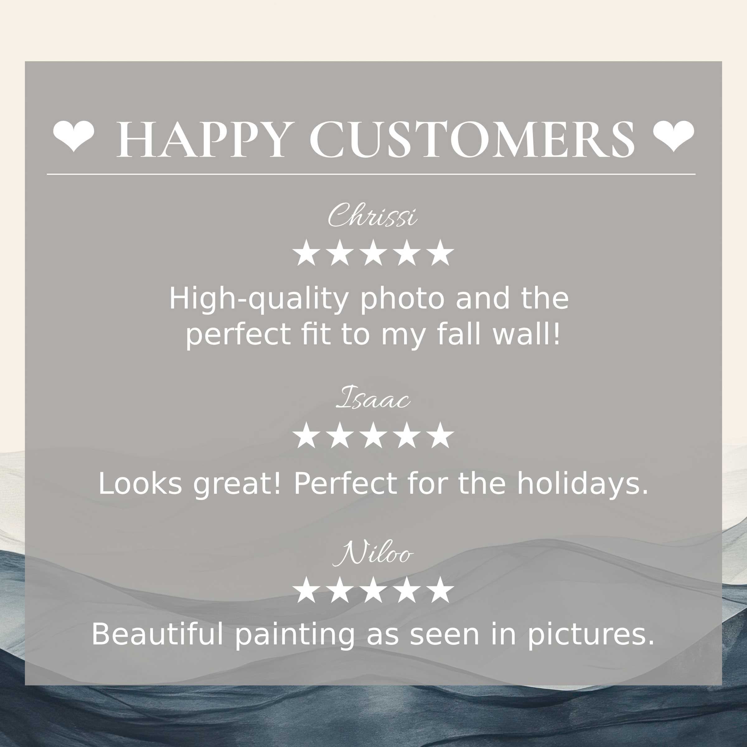 Neutral art for Frame TV with abstract wave hues; layout builds trust with star reviews from happy customer