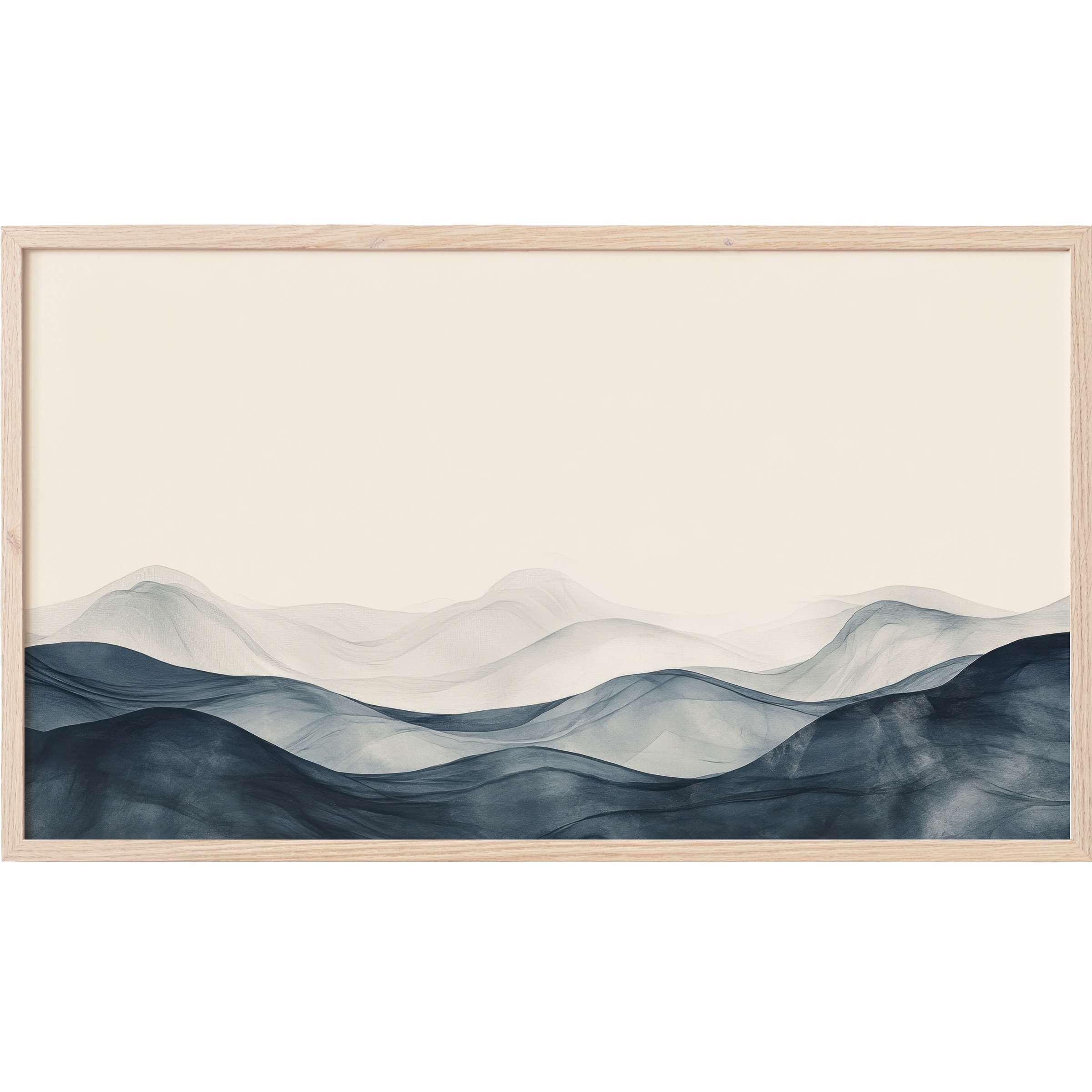 Abstract misty mountains in layered blues and grays with soft beige sky, framed for neutral Frame TV Art elegance