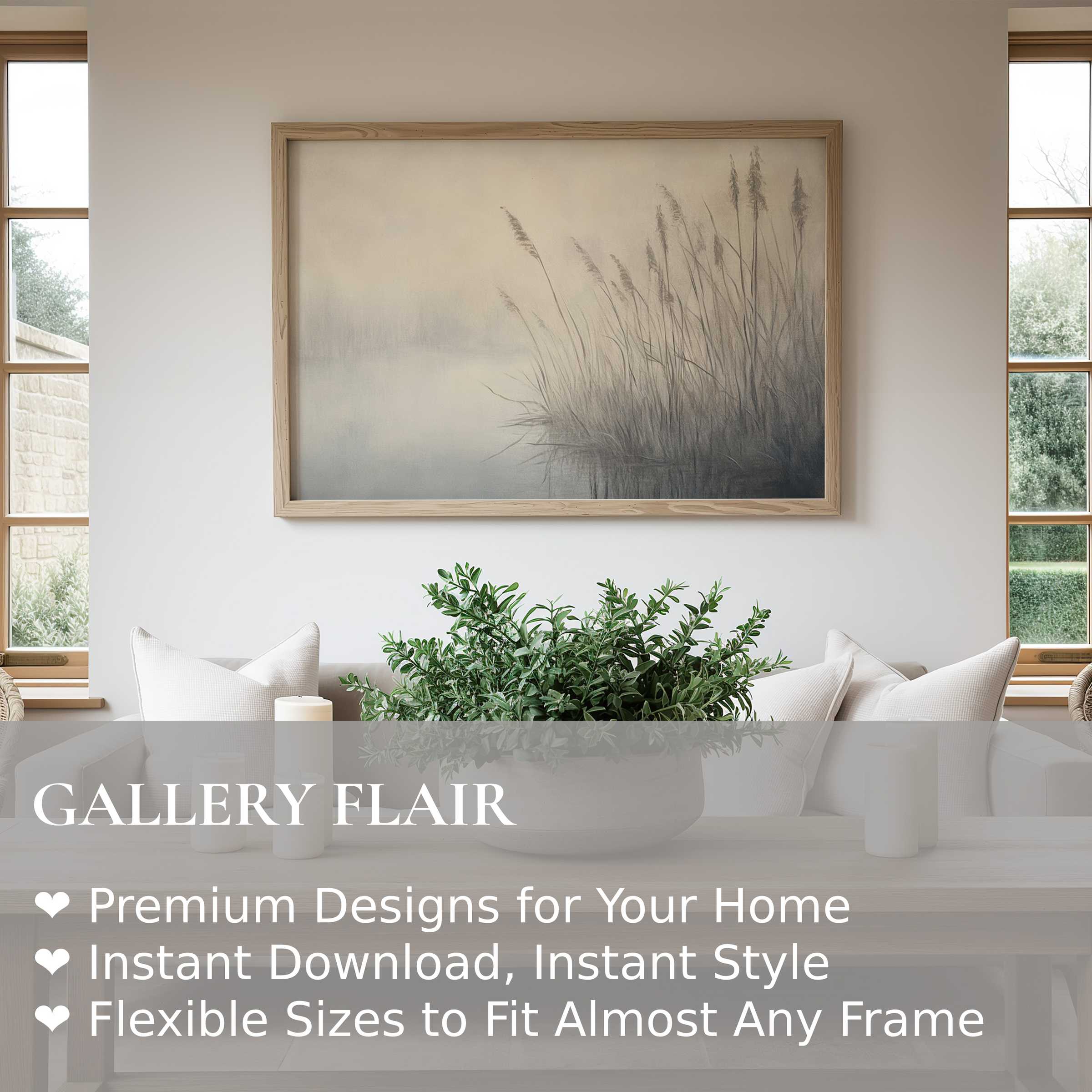 Vintage wall art print of misty reeds in soft greys and creams, enhancing serene, minimalist living with timeless, natural elegance