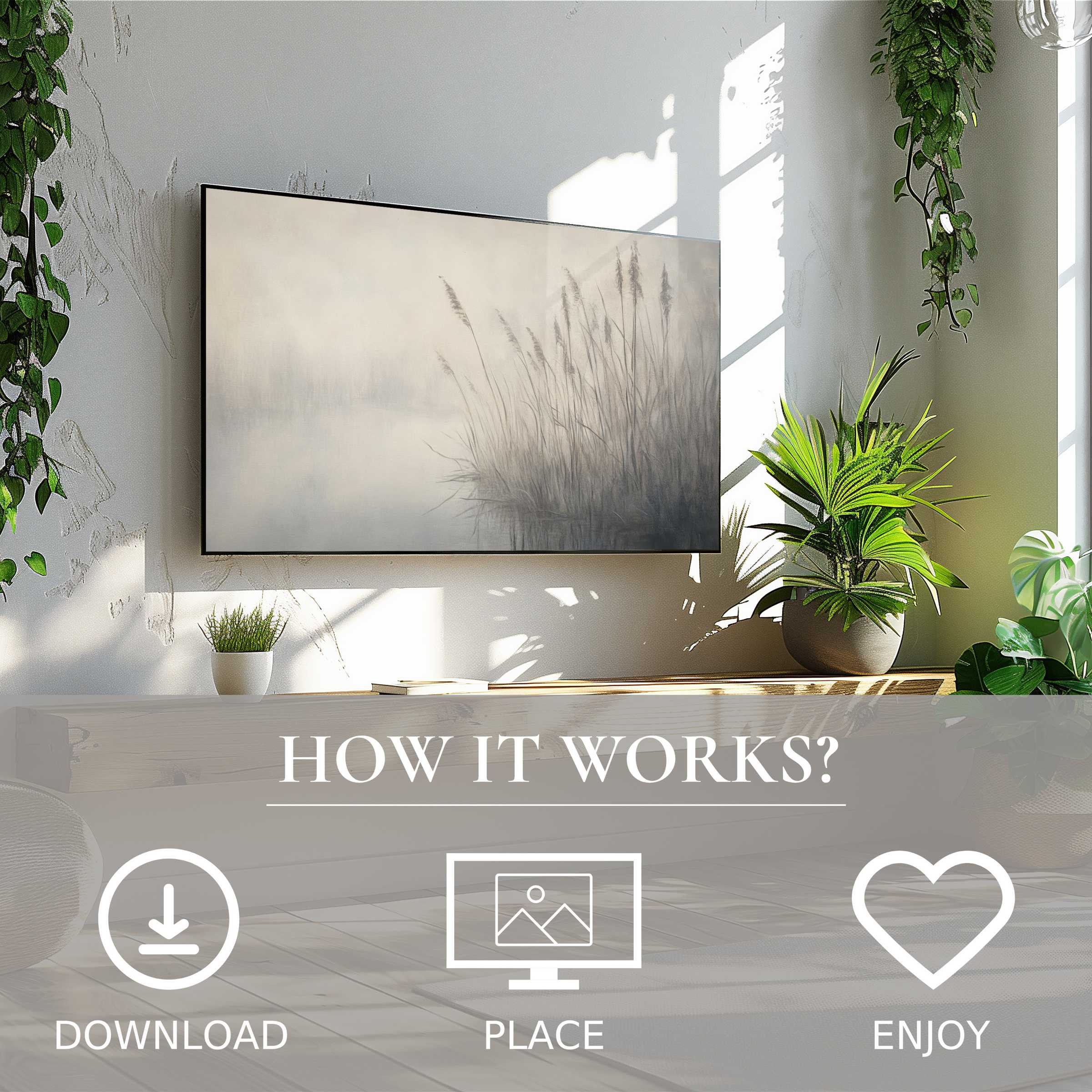 Vintage art for Samsung TV shows misty reeds motif, easy digital download enriches stylish, green-accented living spaces