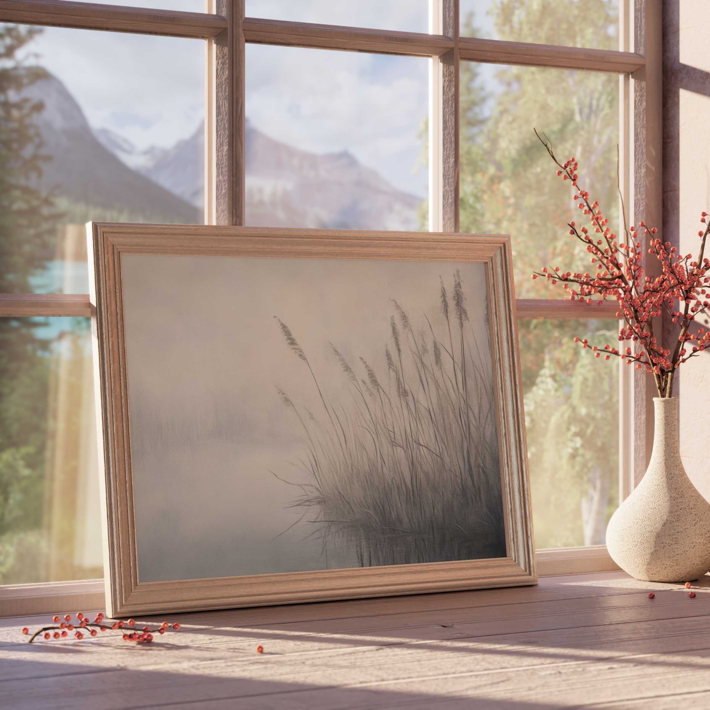 Vintage downloadable art capturing serene lakeside reeds in soft, muted tones, perfect for tranquil, curated interiors