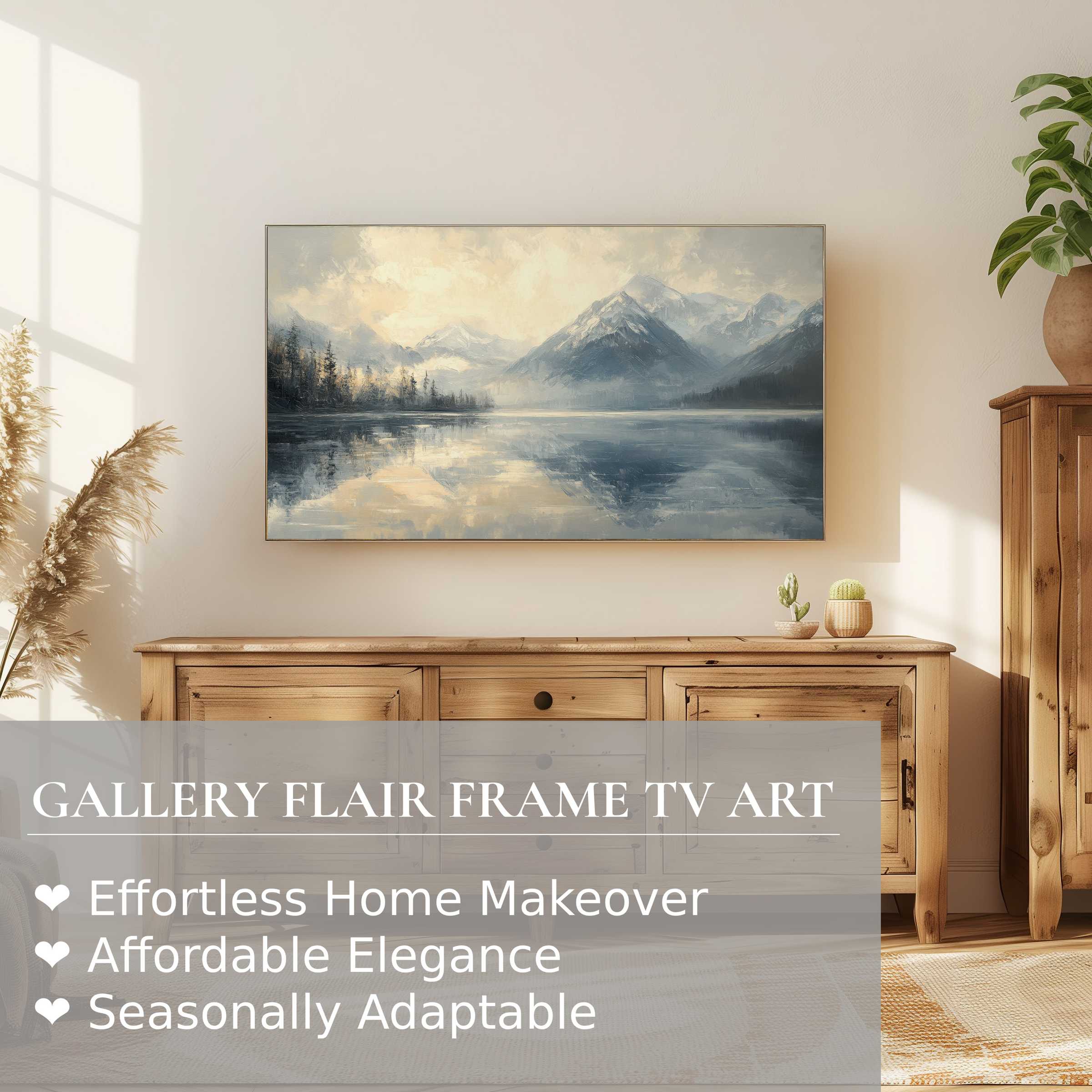 Samsung Frame TV showcasing serene landscape digital artwork in a modern, natural-toned living space
