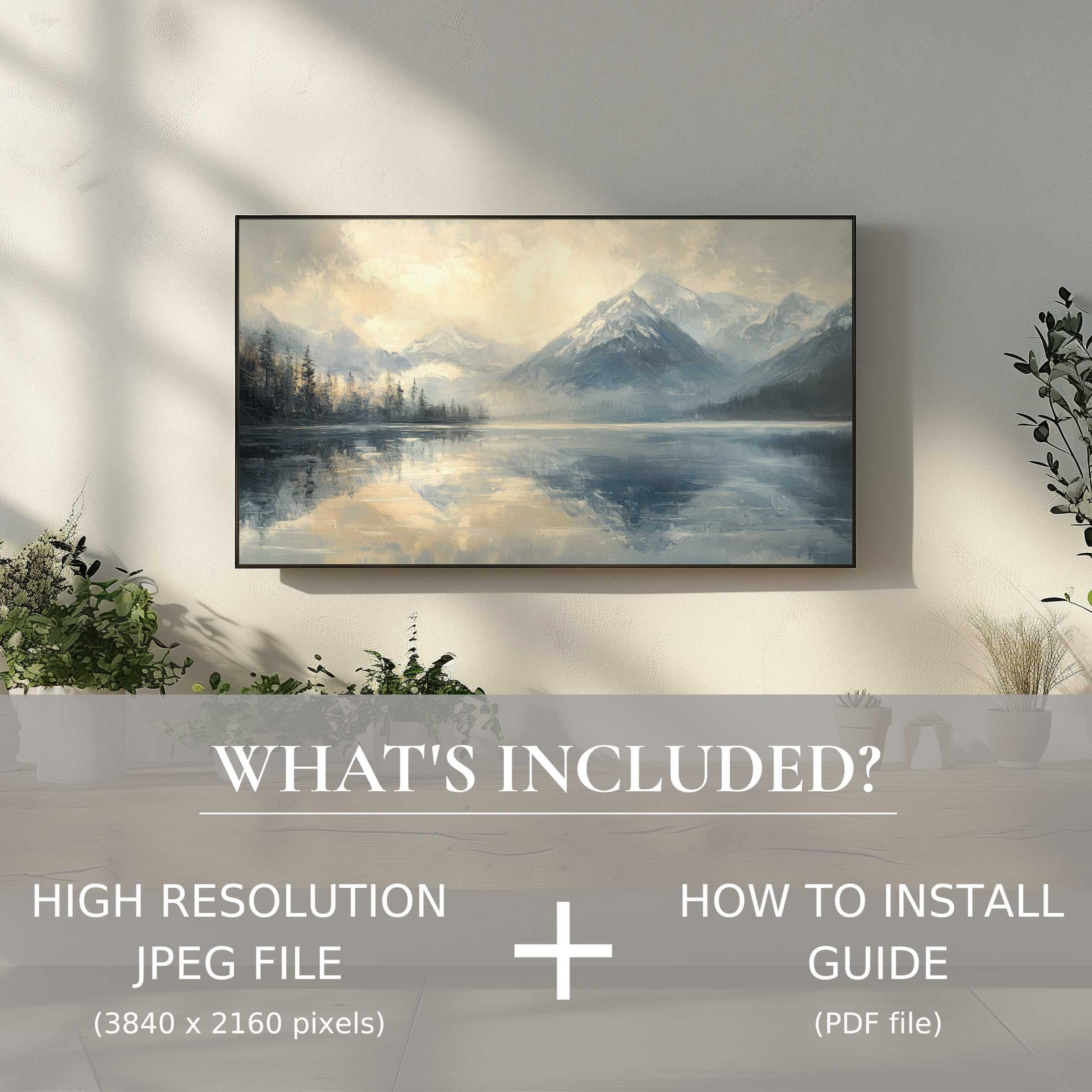 Elegant landscape digital TV art download, effortless digital use, enhancing sophisticated living spaces with serene mountain views