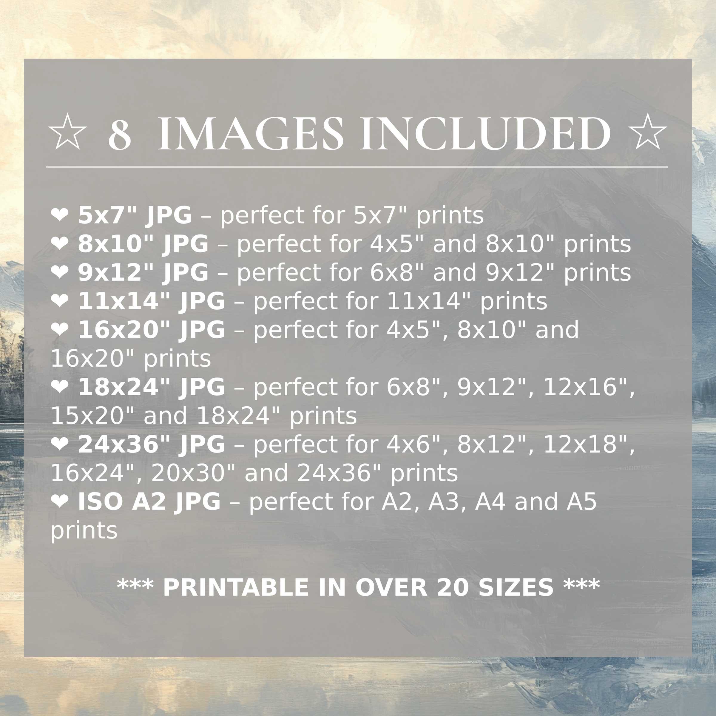 Radiant landscape digital print in serene blues and warm neutrals, elevating modern interiors with 8 high-quality sizes included