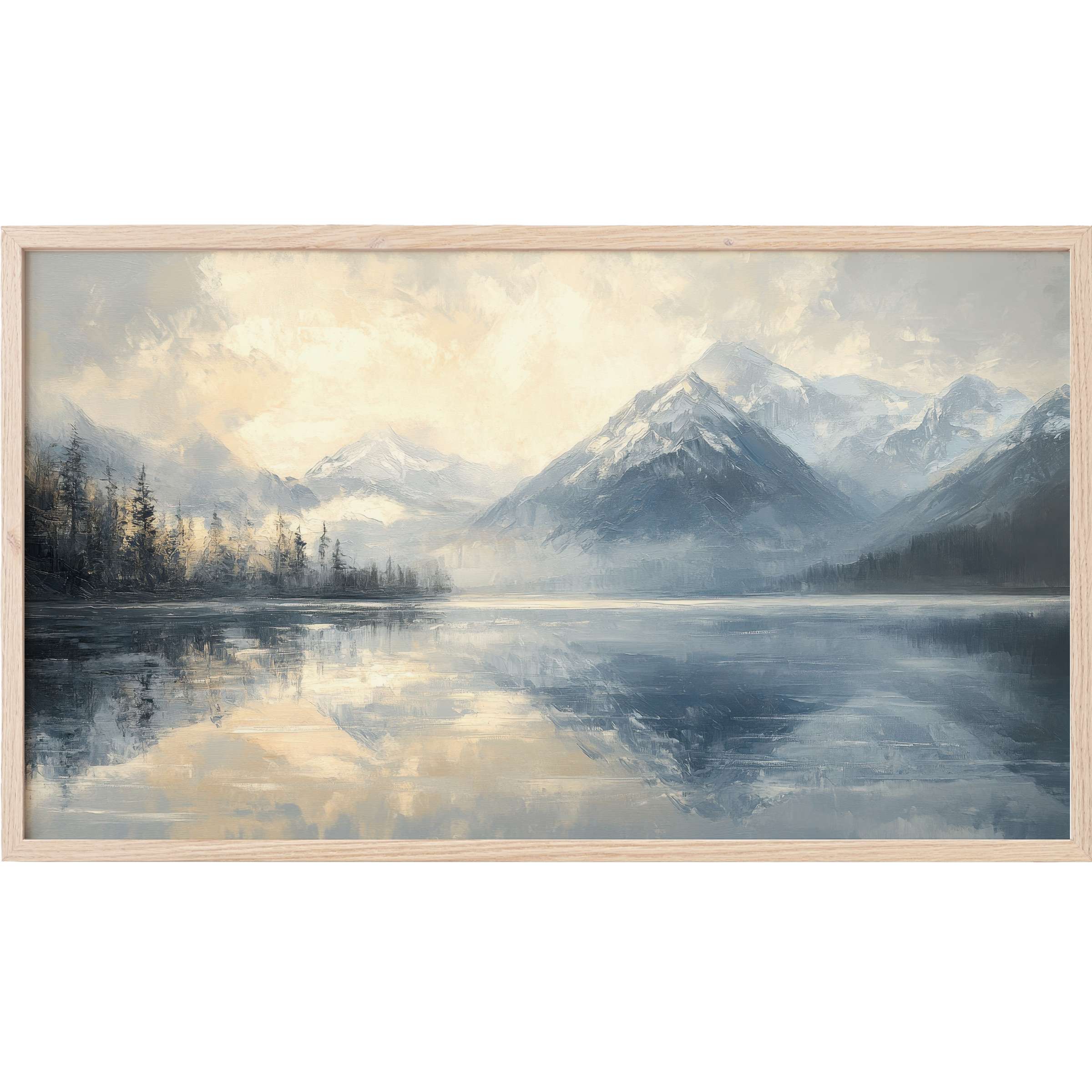 Serene mountain lake with misty blues and soft creams in a modern landscape Frame TV Art style