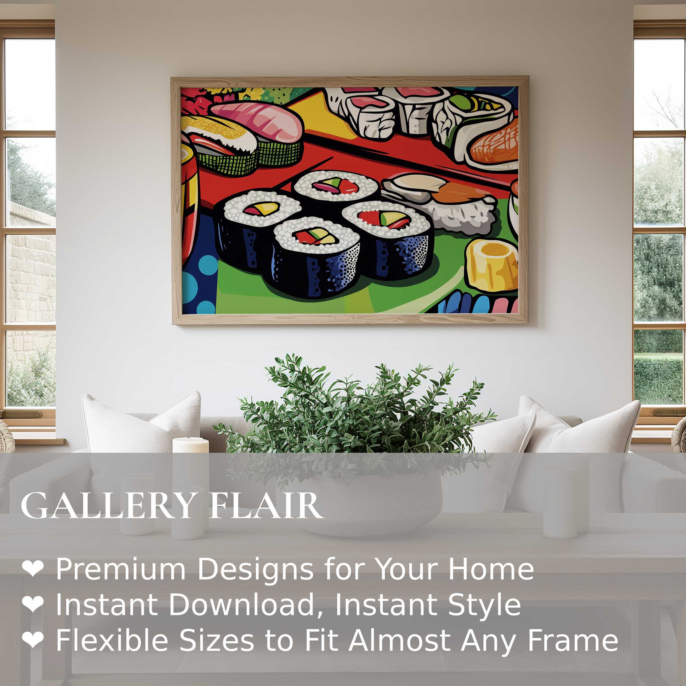 Vibrant pop art wall art print featuring bold sushi motifs in vivid color, elevating minimalist modern interiors with playful, eclectic energy