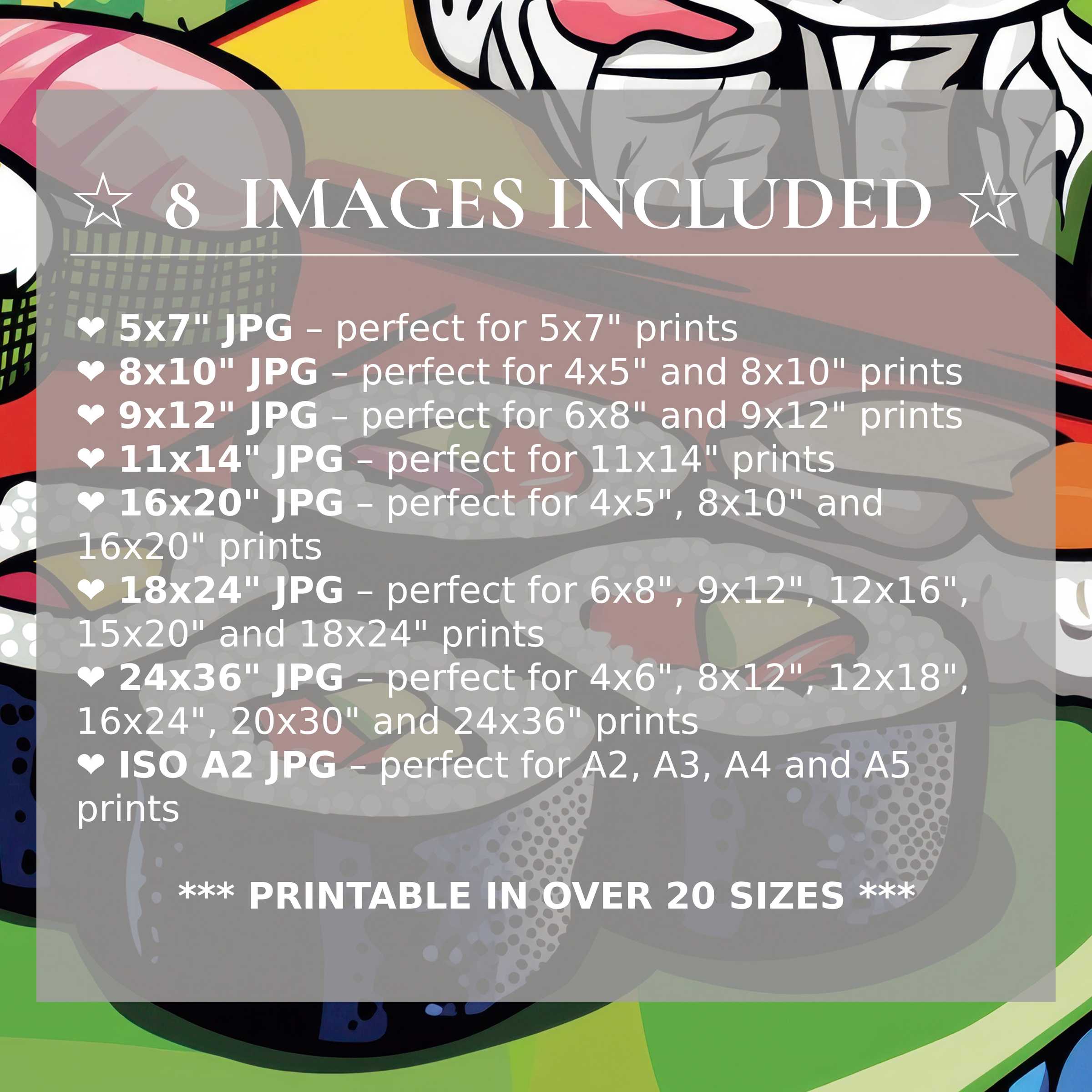 Vibrant pop art digital print featuring bold reds, yellows, and greens, delivering radiant energy and versatile elegance in 8 high-quality sizes