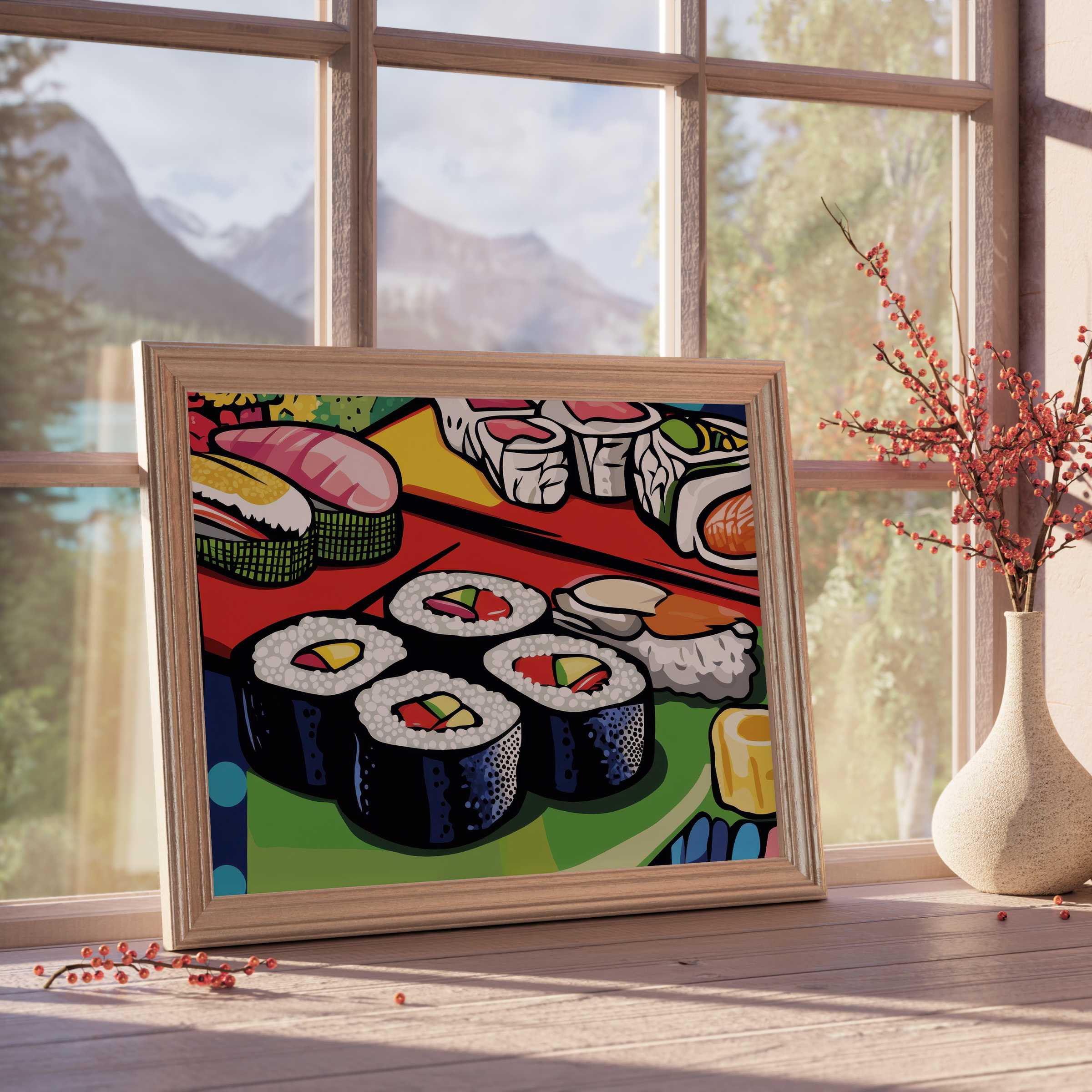 Vibrant pop art downloadable art capturing sushi’s playful essence, perfect for elevating curated, modern dining spaces
