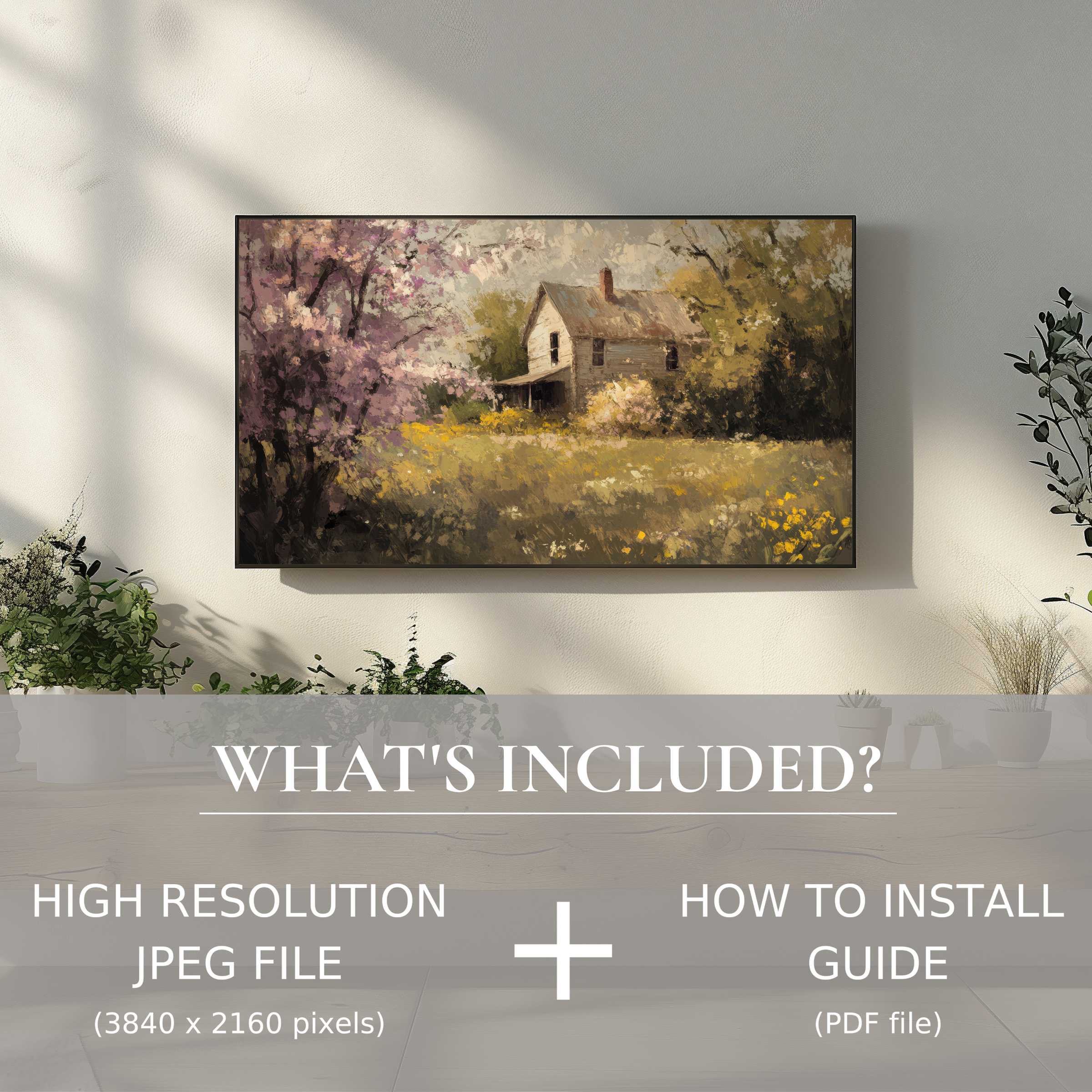 Elegant spring digital TV art download featuring serene rural landscape, enhancing living spaces with easy digital use