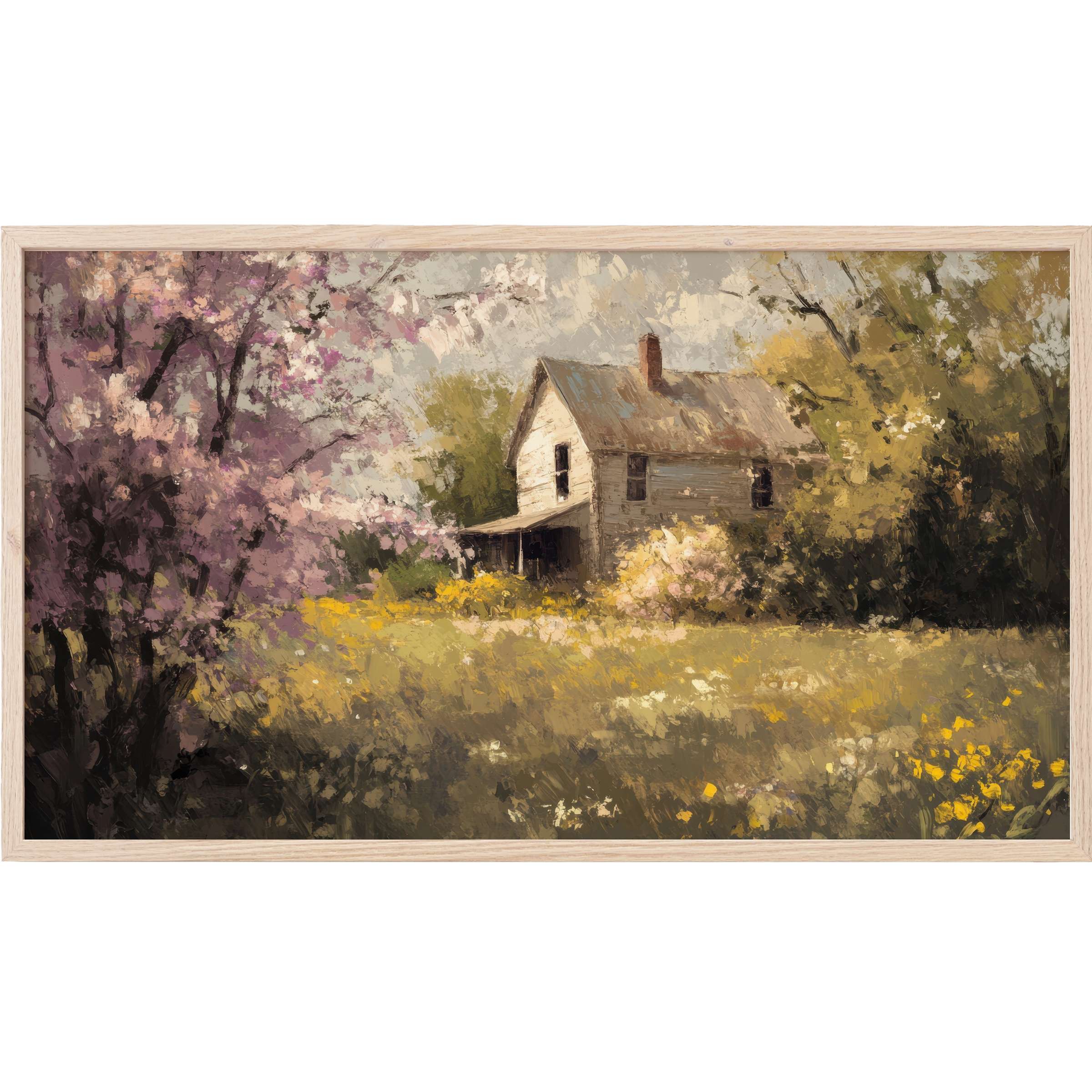 Spring Frame TV Art depicting an impressionist countryside scene with blooming trees and a rustic farmhouse