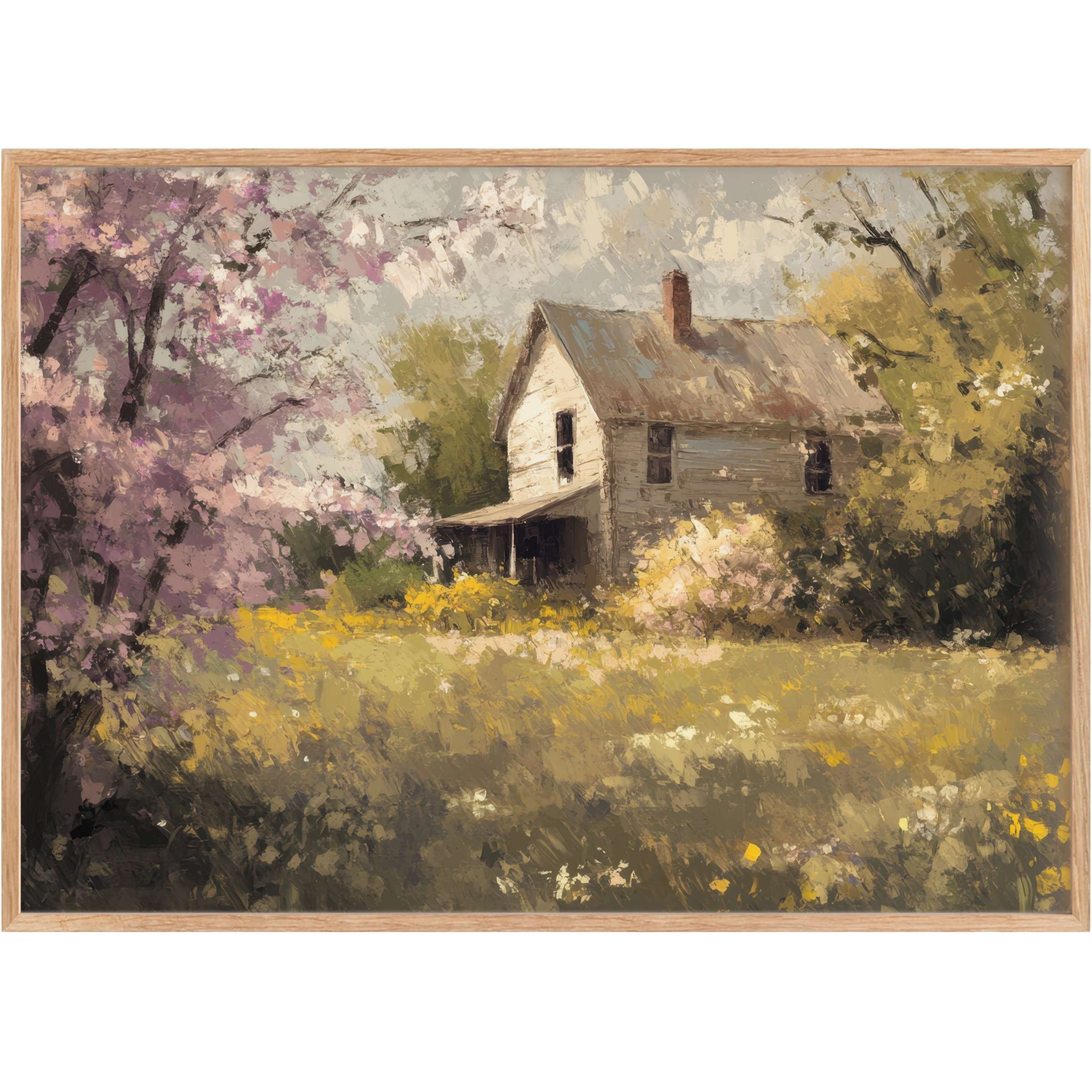 Charming spring printable wall art capturing a serene countryside cottage embraced by soft pink blossoms and golden wildflowers, evoking warmth and tranquility