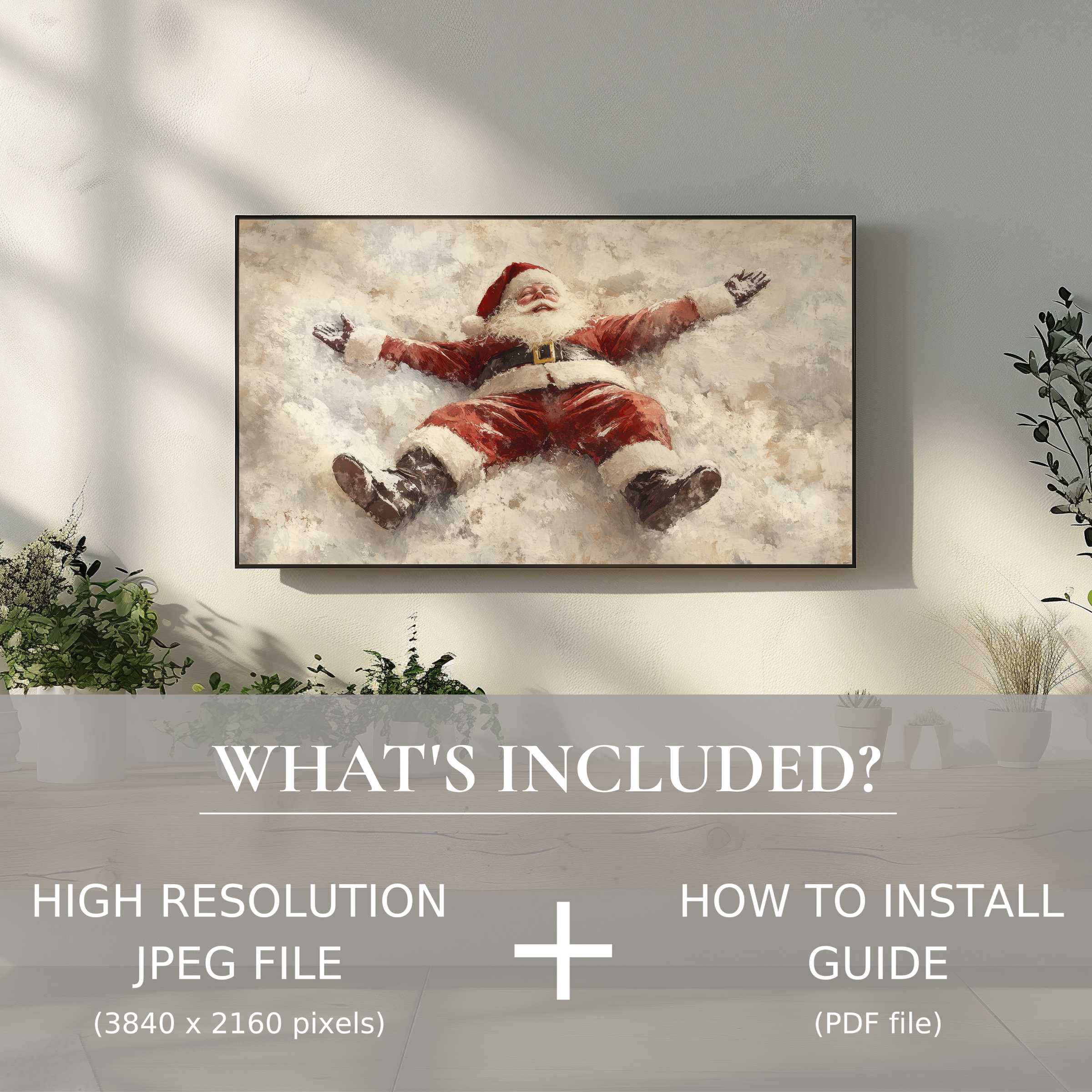 Modern living room with a joyful Santa on screen, christmas digital TV art download enhances space, easy and stylish
