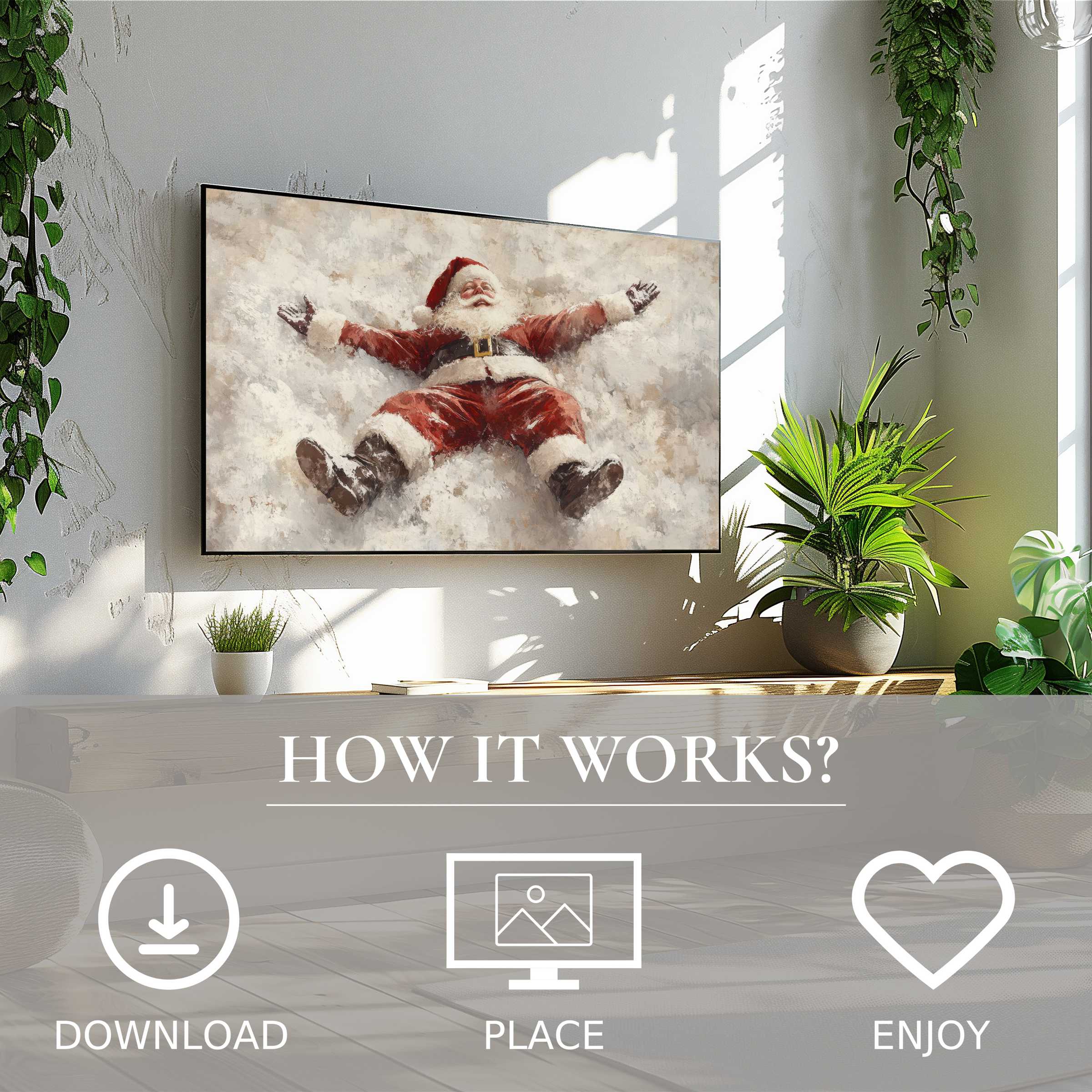 Modern living room with lush plants featuring christmas art for Samsung TV; Santa in snow with warm, soft tones, easy digital download