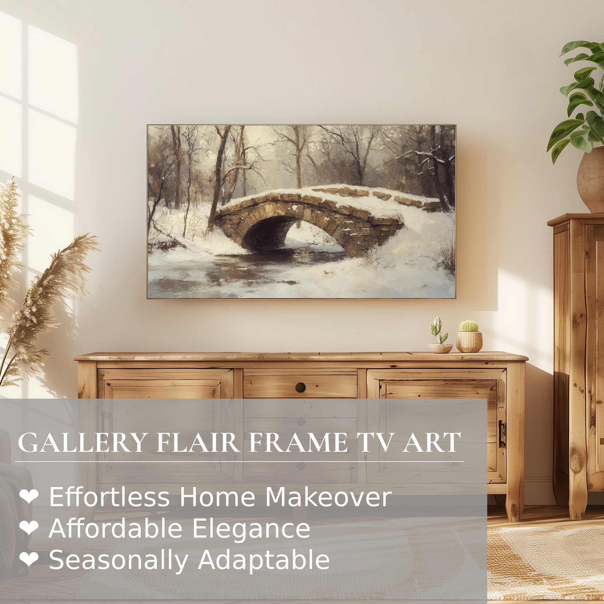 Elegant winter digital artwork on Samsung Frame TV showcases a serene stone bridge in a modern, cozy setting