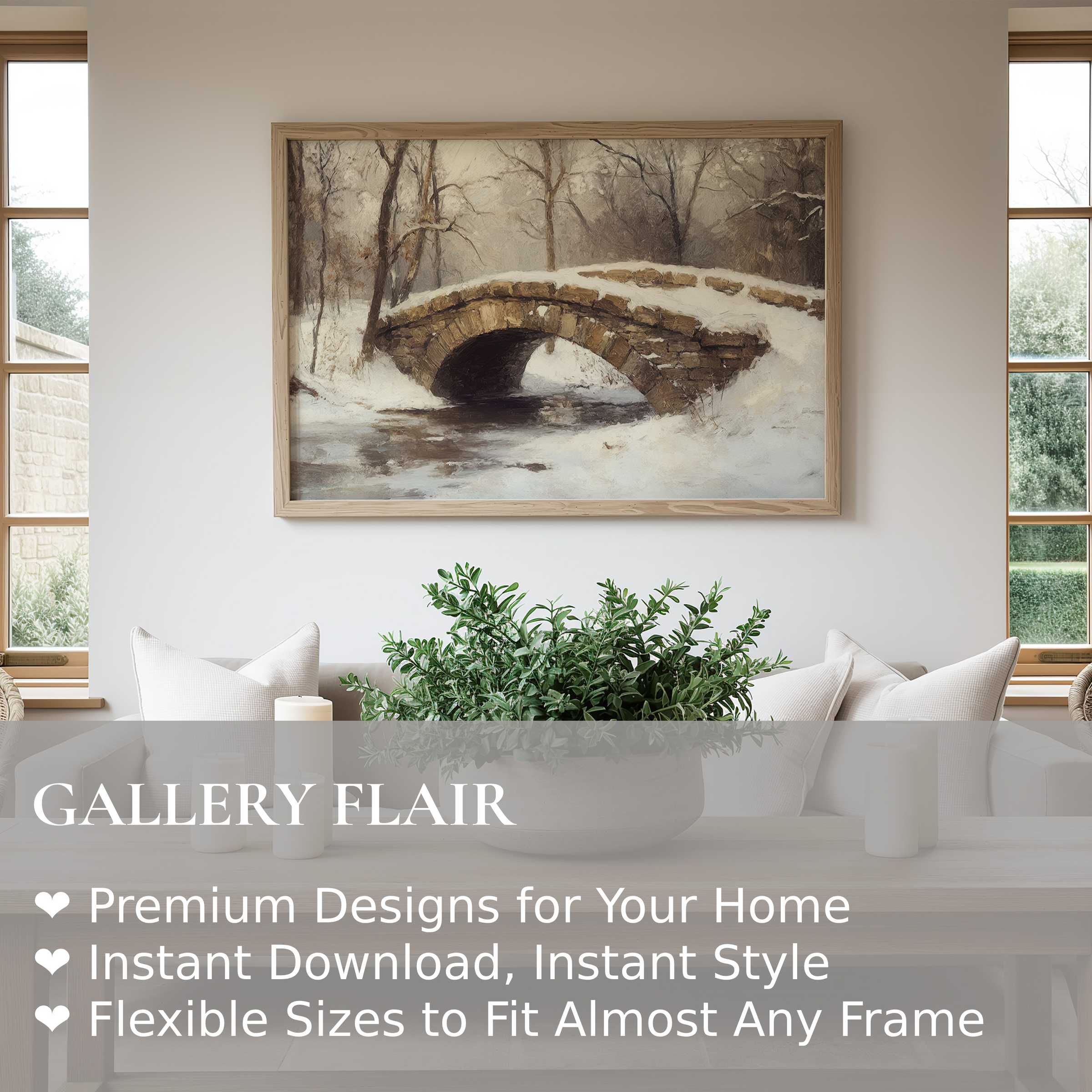 Winter wall art print of a serene stone bridge in soft snow, enhancing modern minimalist interiors with calming rustic elegance and nature-inspired harmony