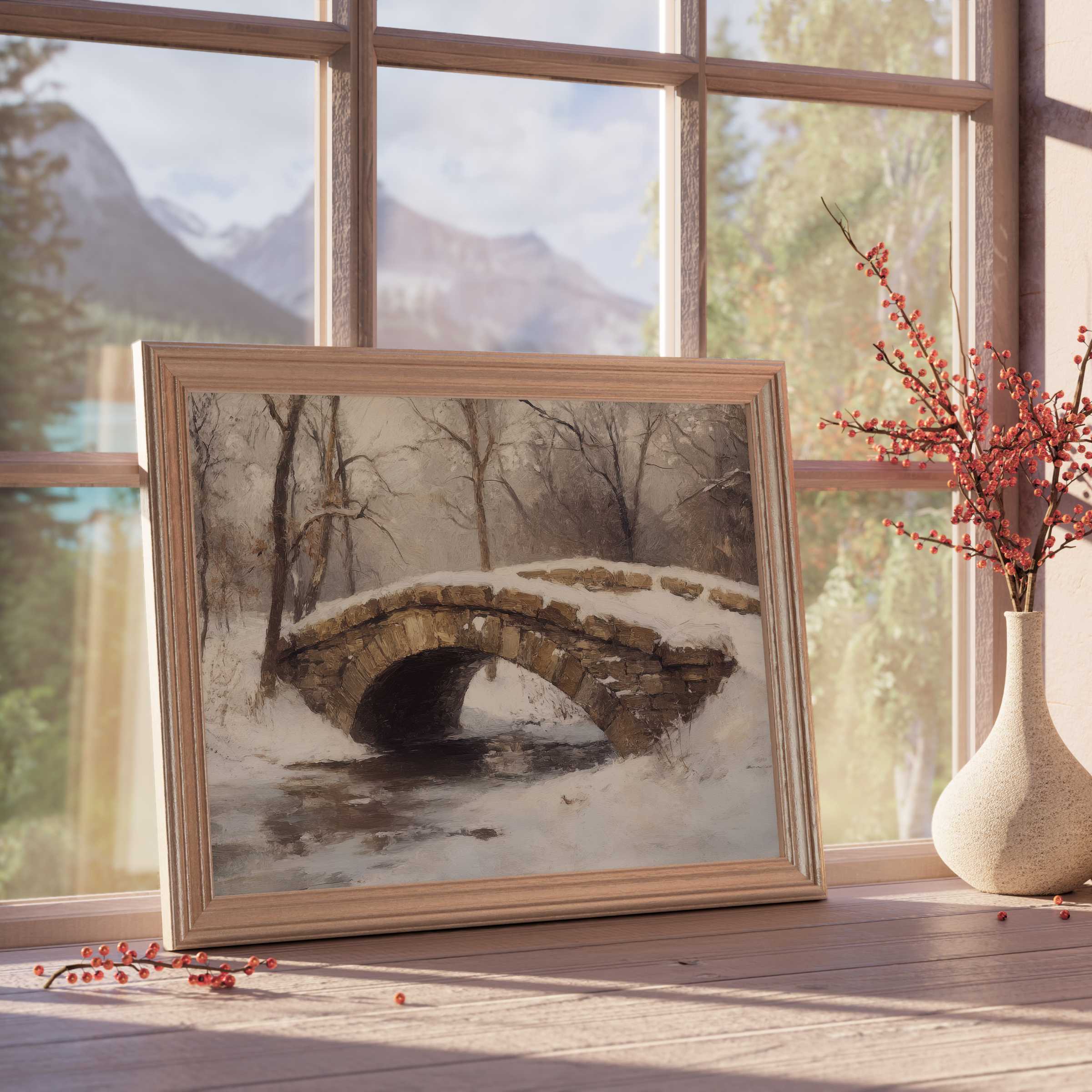 Winter downloadable art featuring a serene snow-dusted stone bridge, evoking calm elegance for curated, tranquil interiors