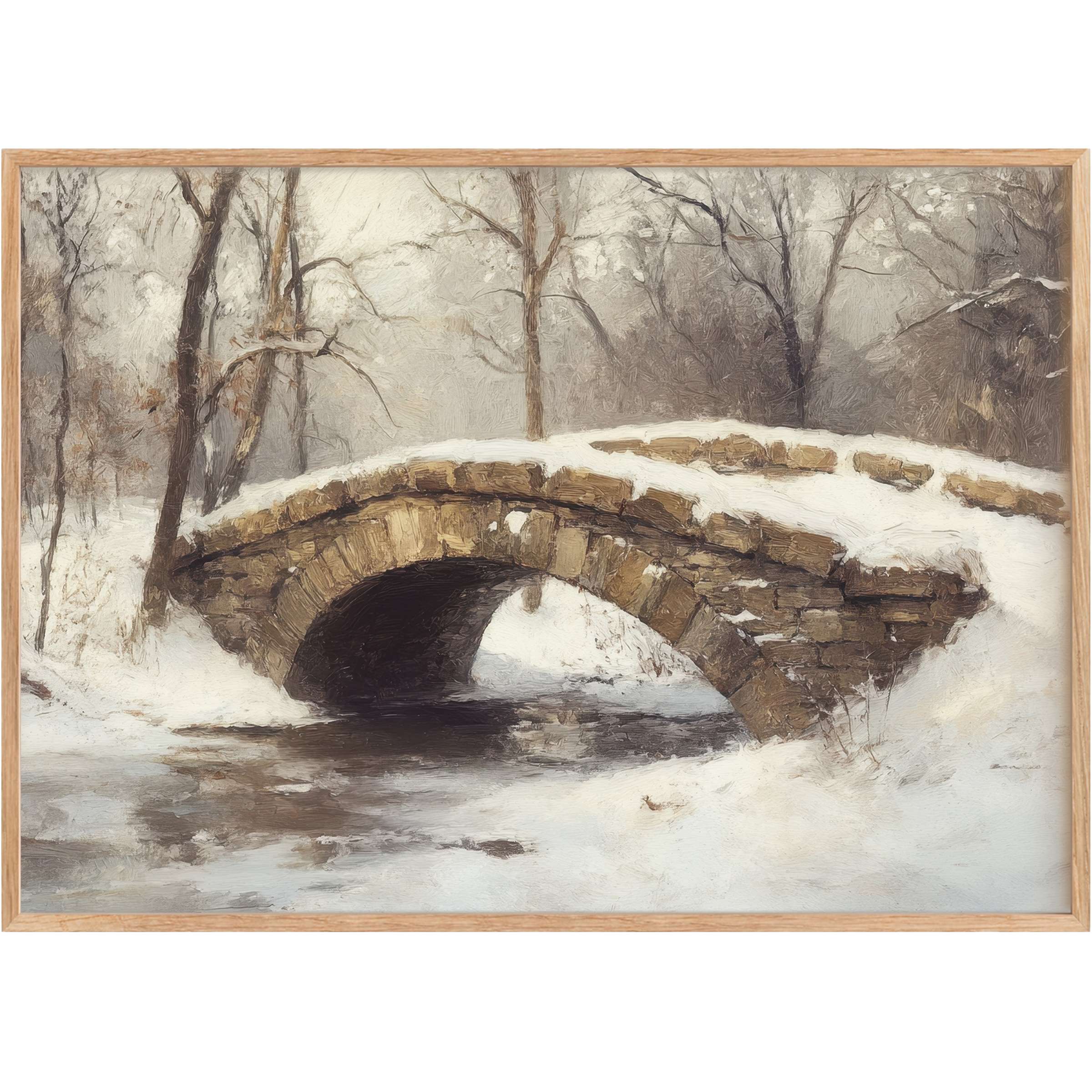 Winter printable wall art featuring a serene stone bridge blanketed in soft snow, evoking tranquil, muted earth tones for a soothing, elegant ambiance