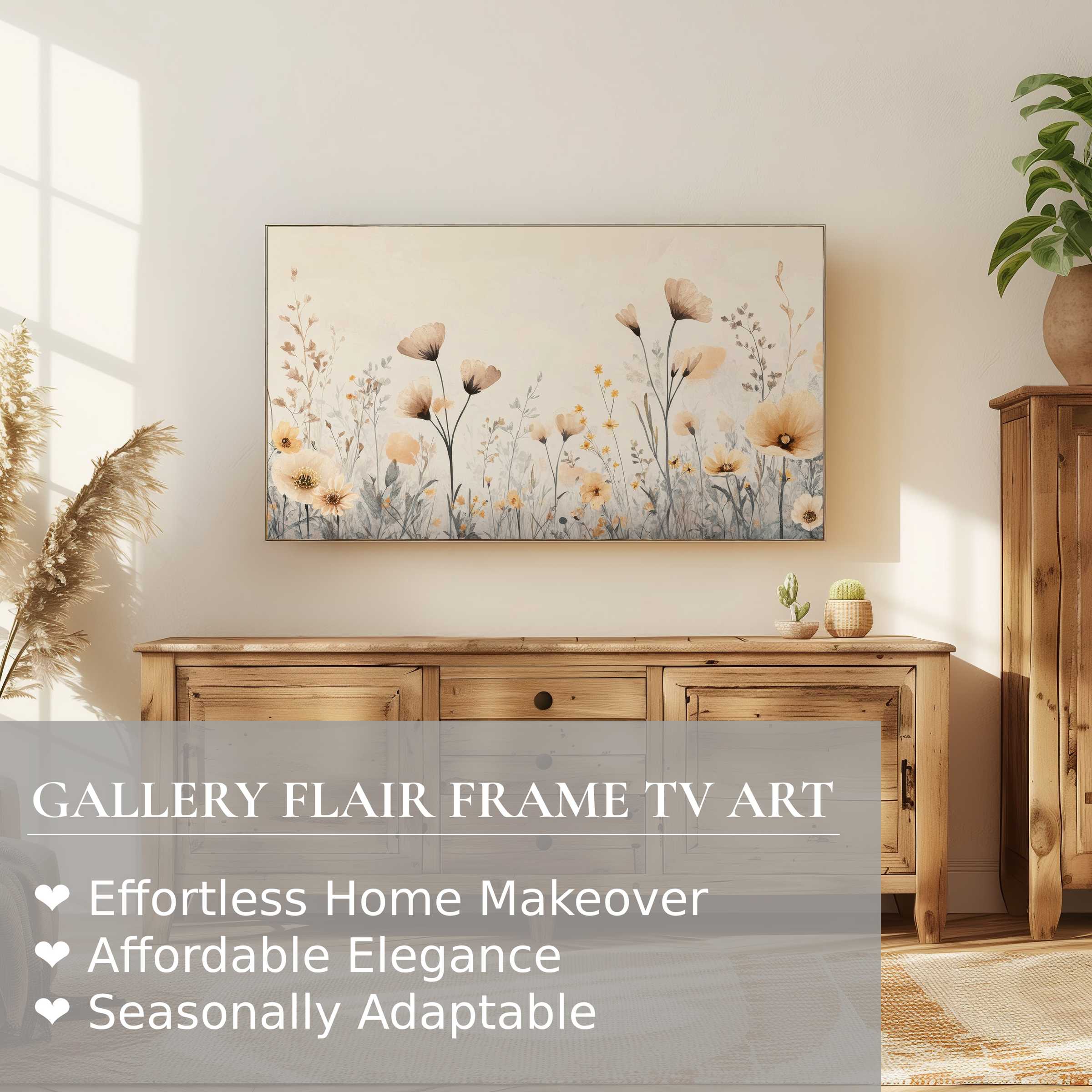 Samsung Frame TV showcasing boho digital artwork of delicate florals in a sunlit, elegant wooden interior setting