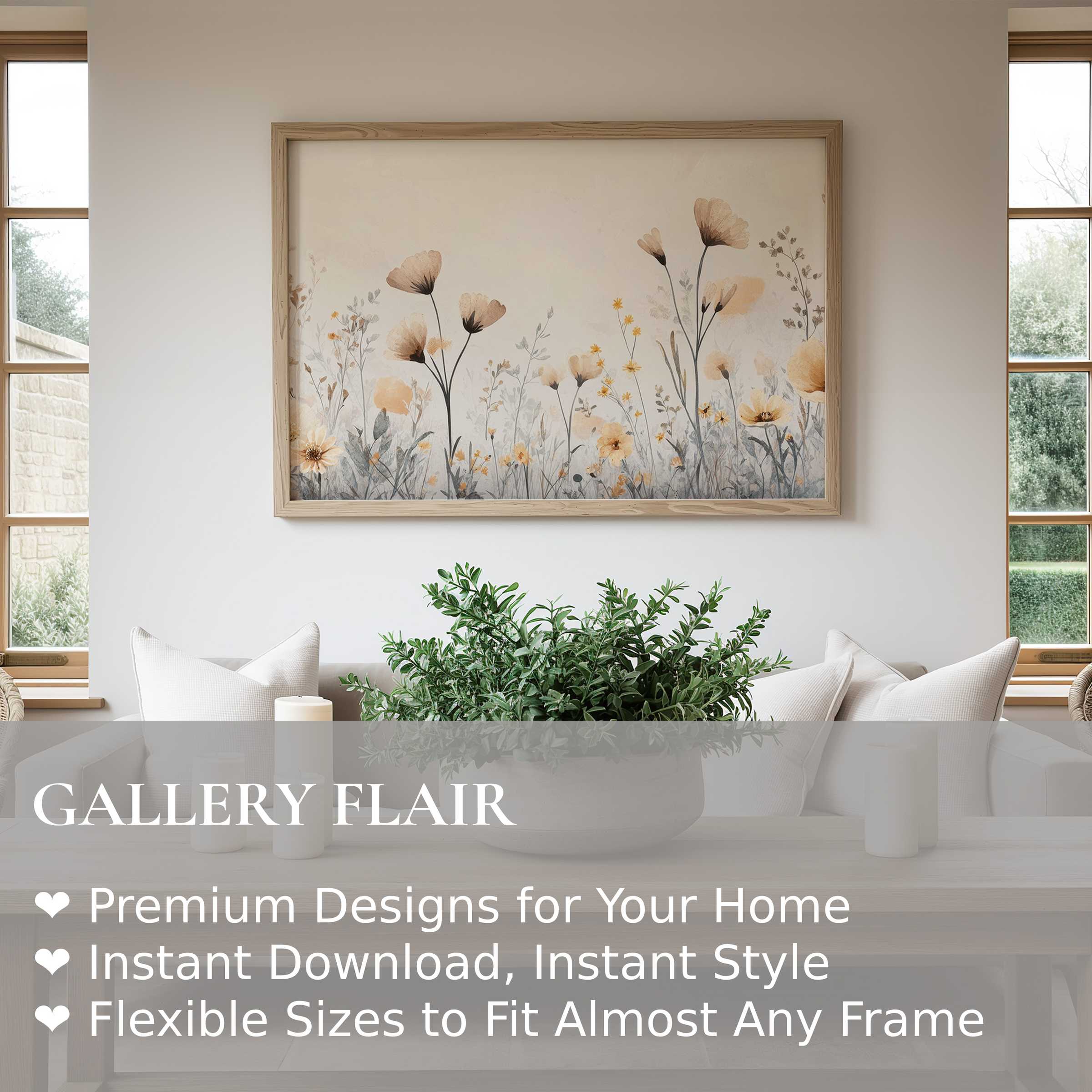 Boho wall art print featuring soft, radiant wildflowers in muted earth tones enhances serene modern farmhouse living spaces with natural elegance