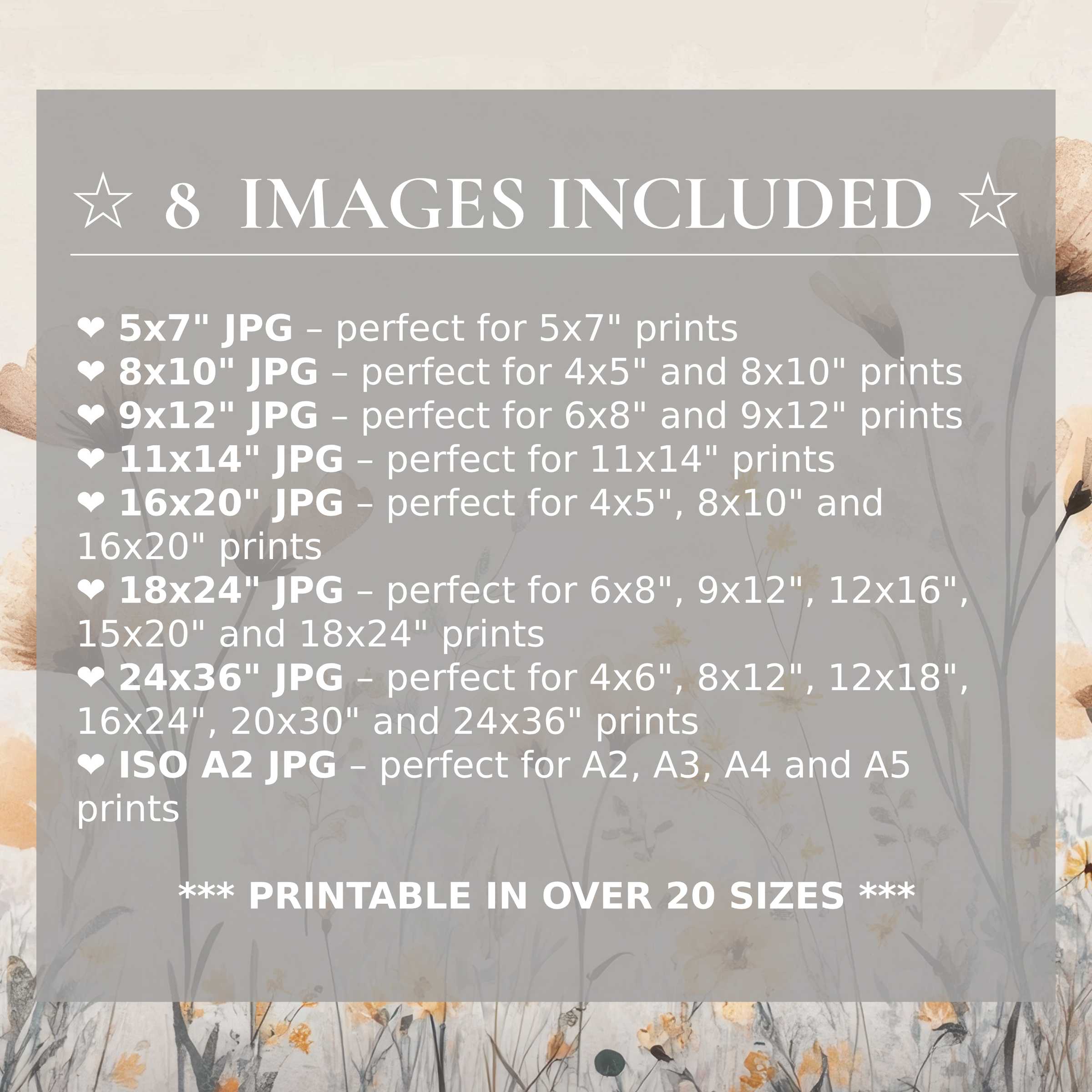 Boho digital print in soft earthy tones and muted florals, exuding radiant calm; includes 8 high-quality sizes to elevate modern interiors with versatile style