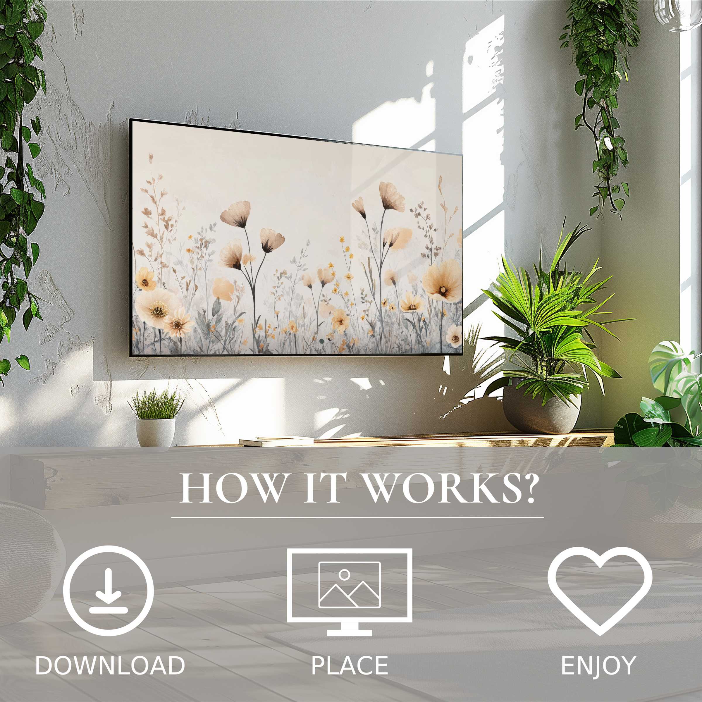 Boho art for Samsung TV with soft floral tones enhances any room, easy digital download for stylish living spaces