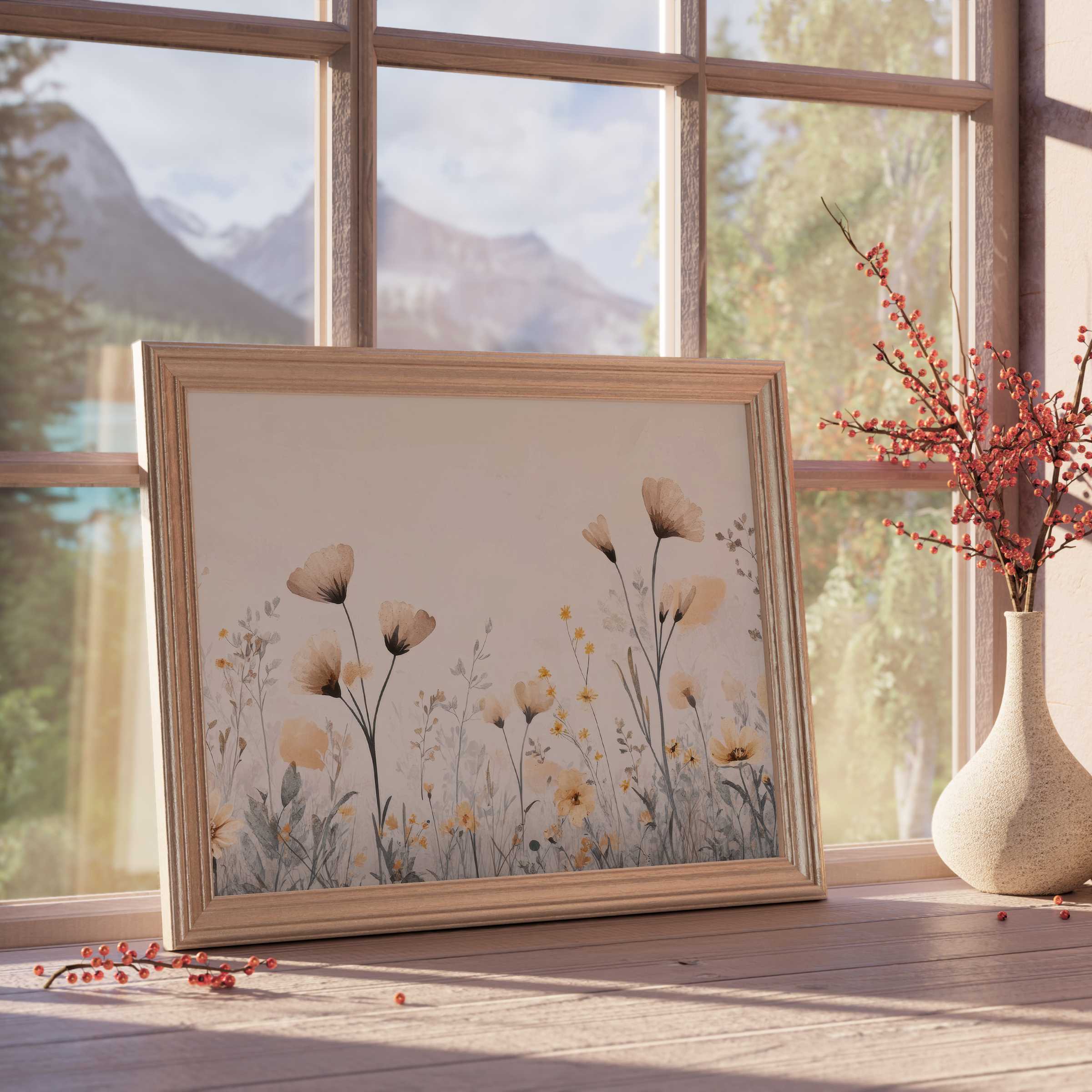 Boho downloadable art featuring delicate wildflowers in soft neutrals, elevating serene, curated interiors with timeless elegance