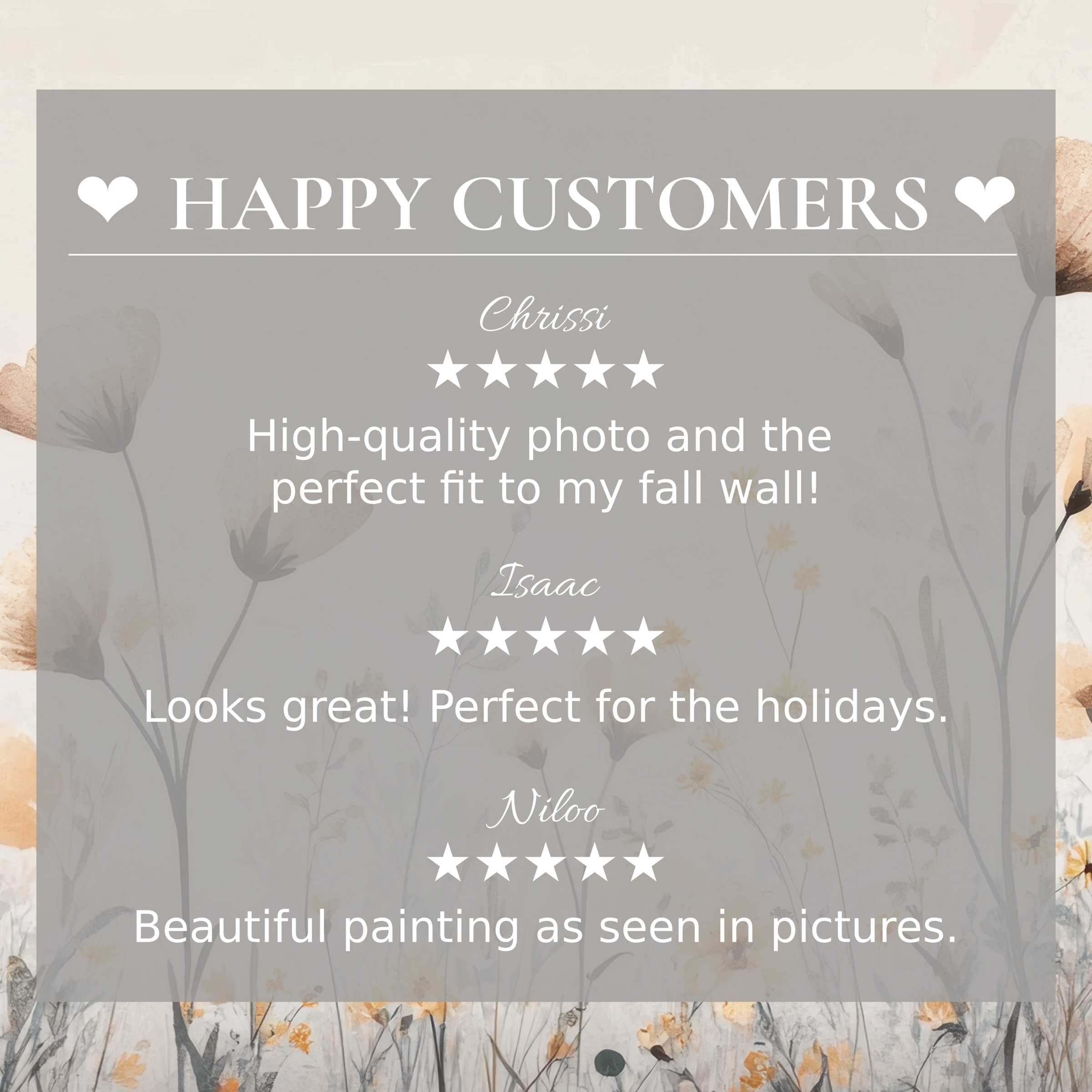 Boho art for Frame TV with soft floral background, showcasing happy customer reviews and elegant trust-building design