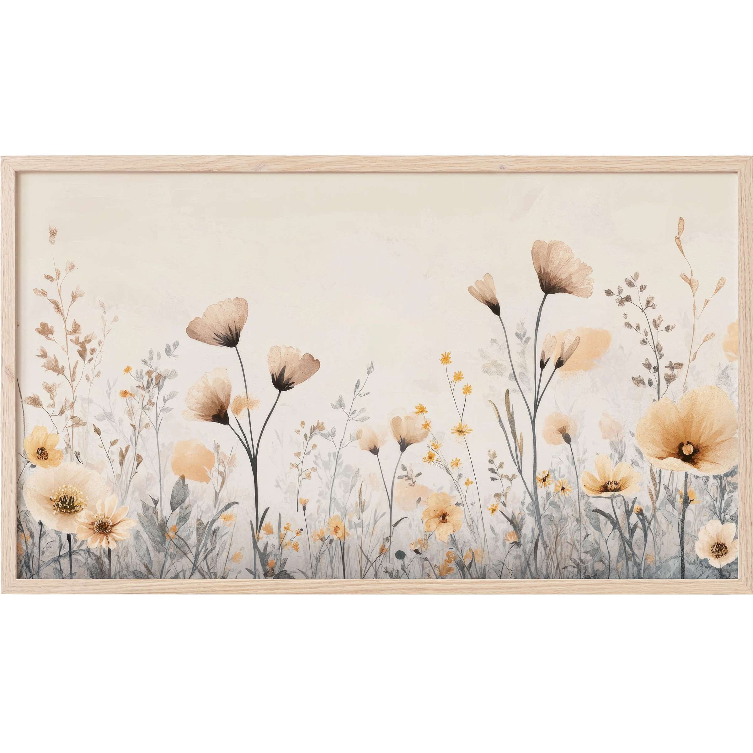 Elegant boho Frame TV Art with soft beige, gray, and muted yellow floral silhouettes for a serene modern touch