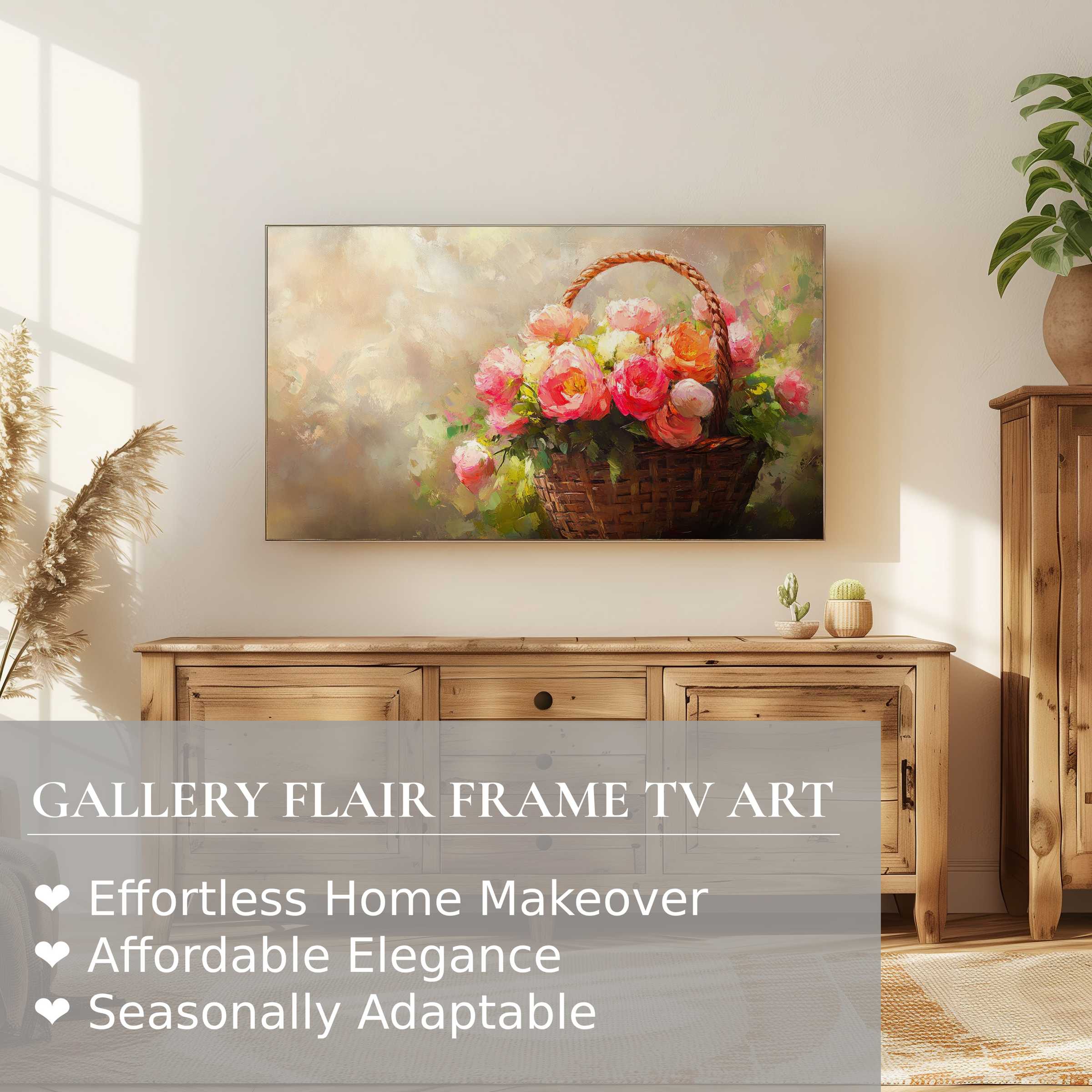 Elegant Samsung Frame TV displaying soft pastel easter digital artwork of a floral basket in a modern cozy living space