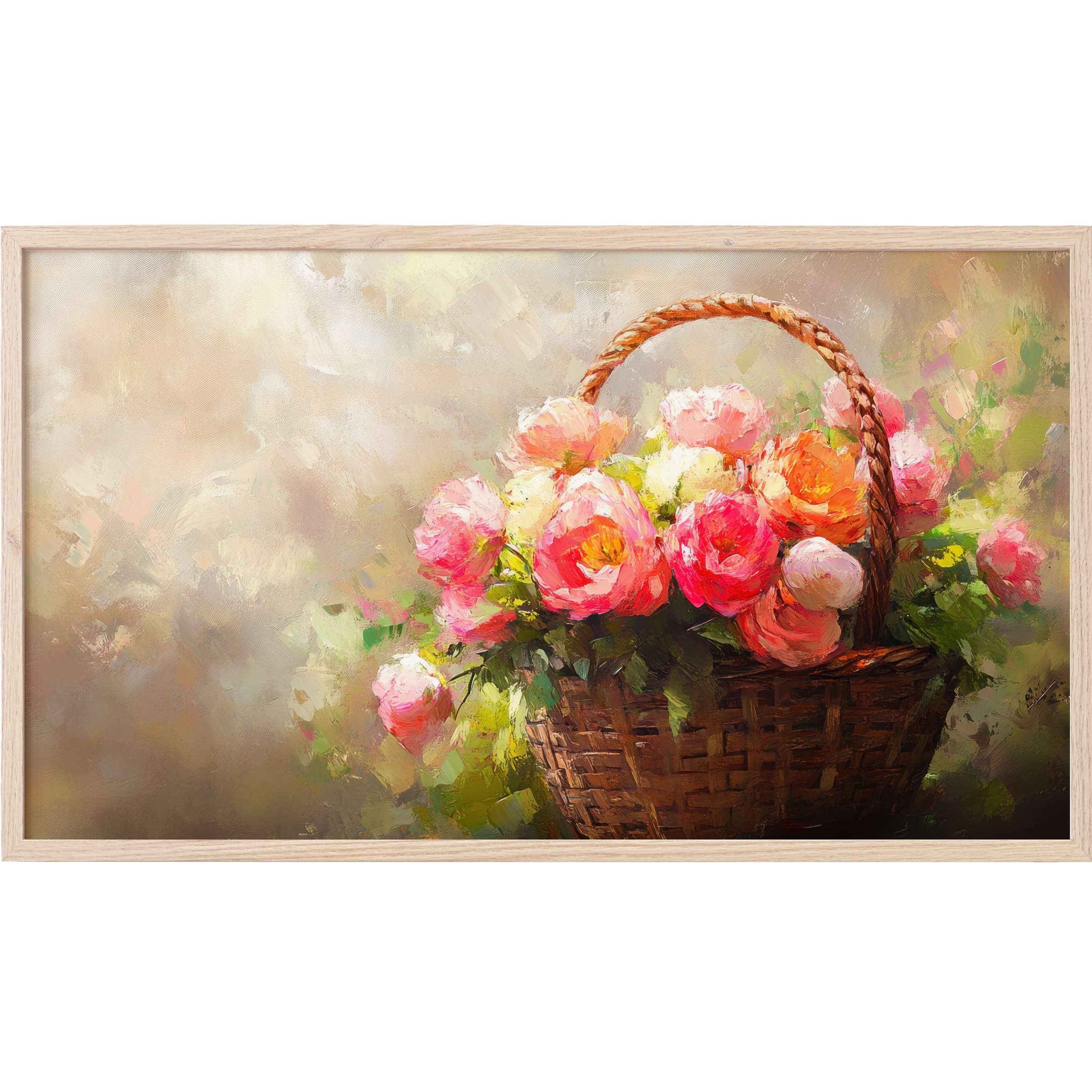 Elegant easter Frame TV Art of soft pink and orange roses in a woven basket, set against a muted, painterly background