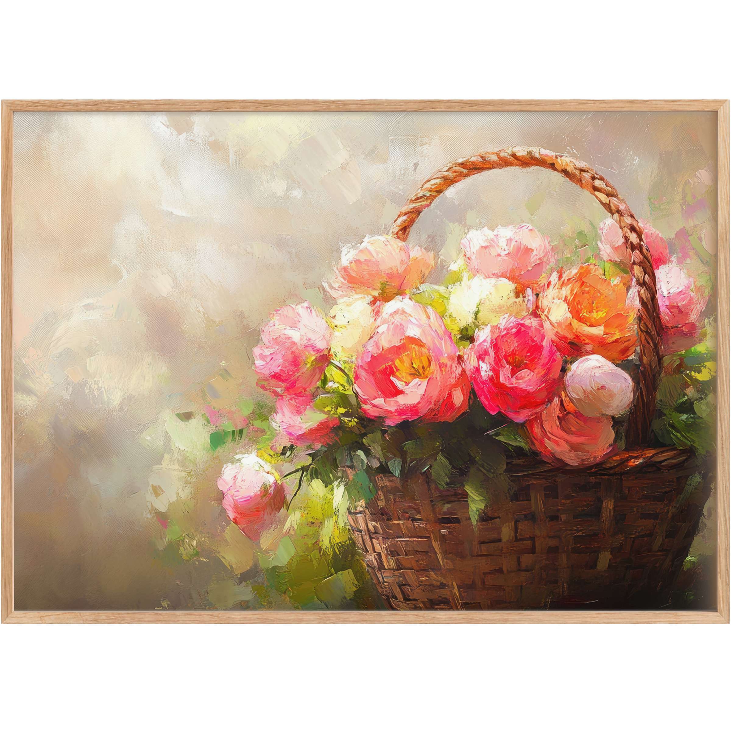 Radiant Easter printable wall art with lush pink and coral blooms in a rustic basket, evoking warmth and serene elegance