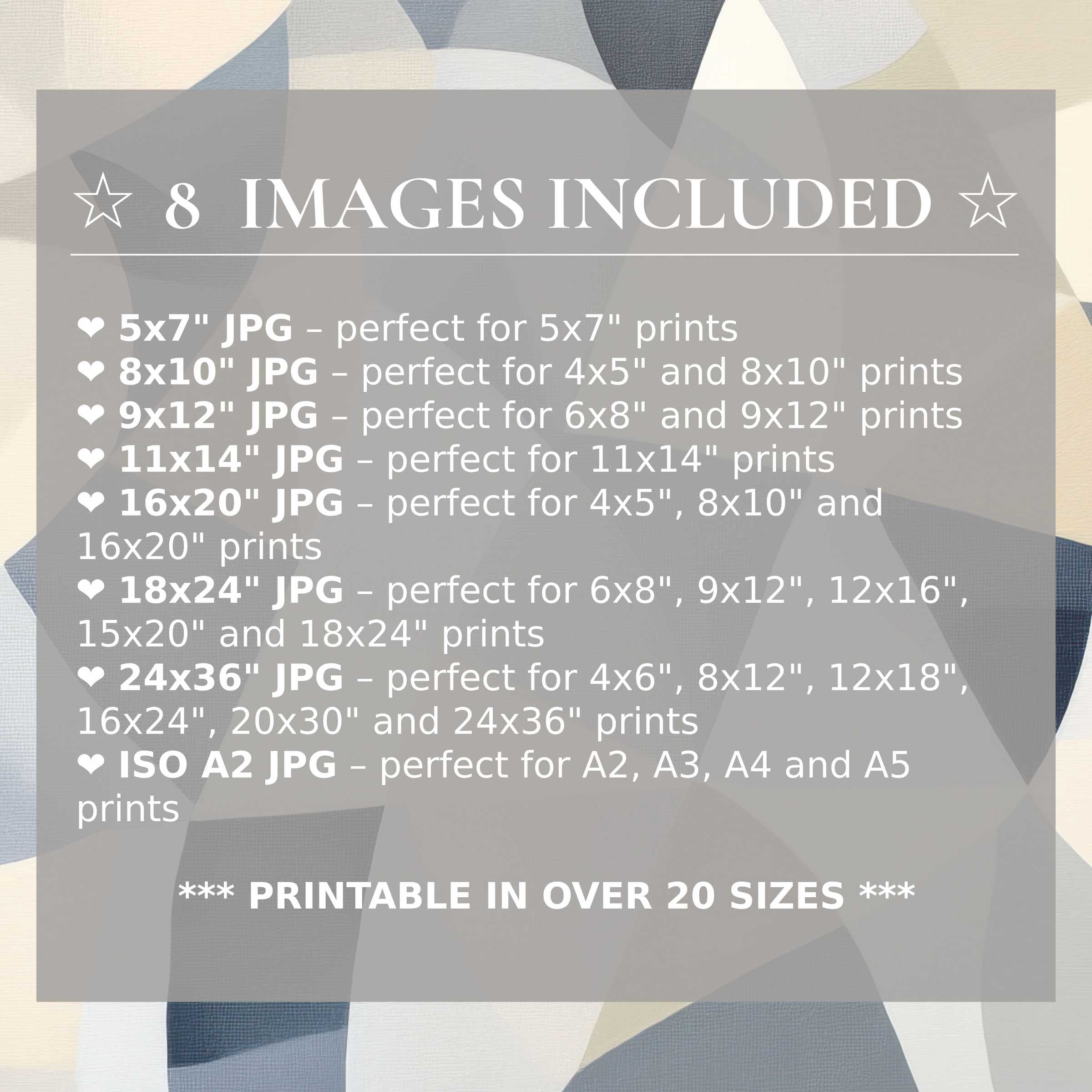 Abstract digital print with serene blue, gray, and cream hues radiates calm sophistication; includes 8 high-quality sizes enhancing modern interiors
