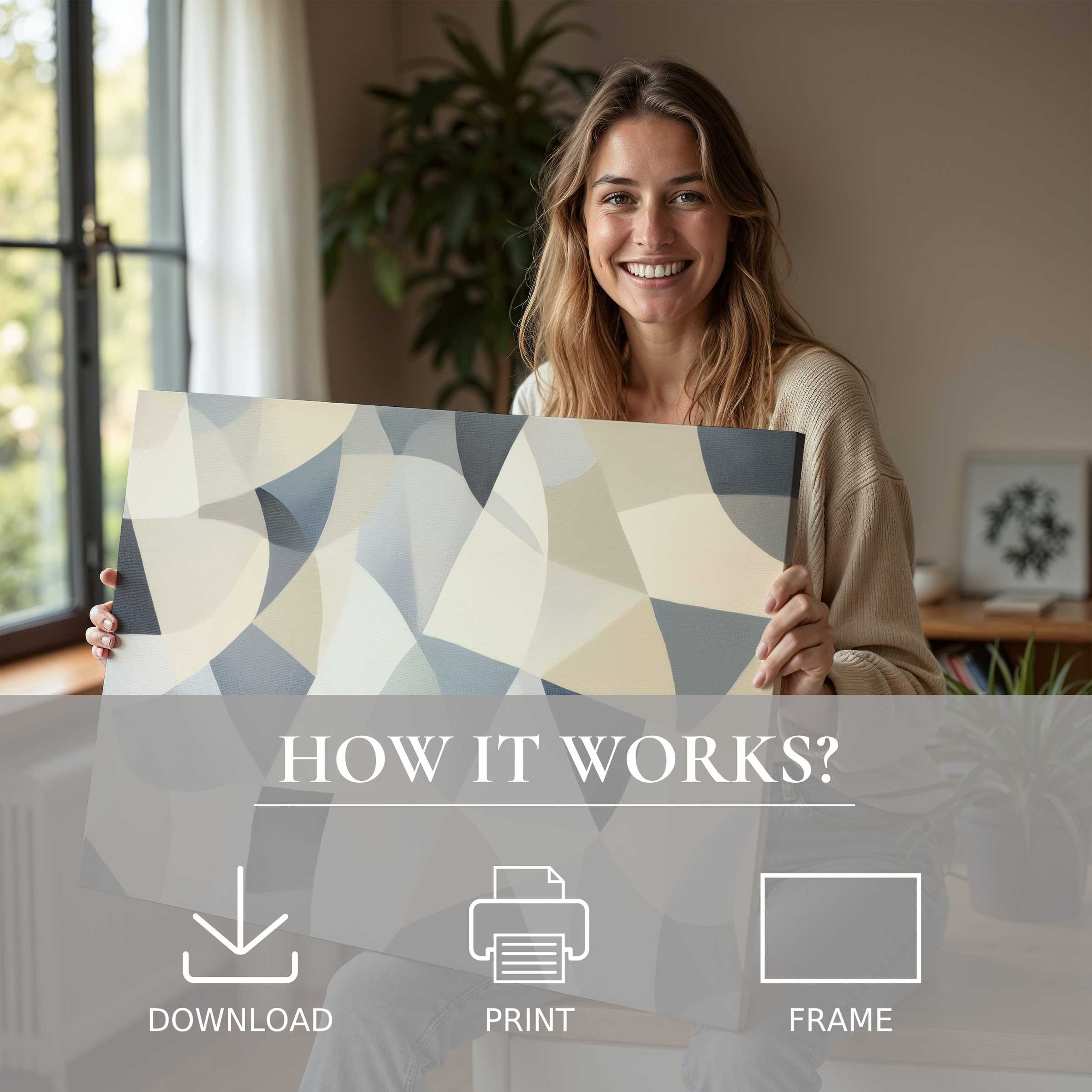 Joyful woman embraces the effortless beauty of an abstract digital art print, infusing her modern home with serene connection and timeless elegance