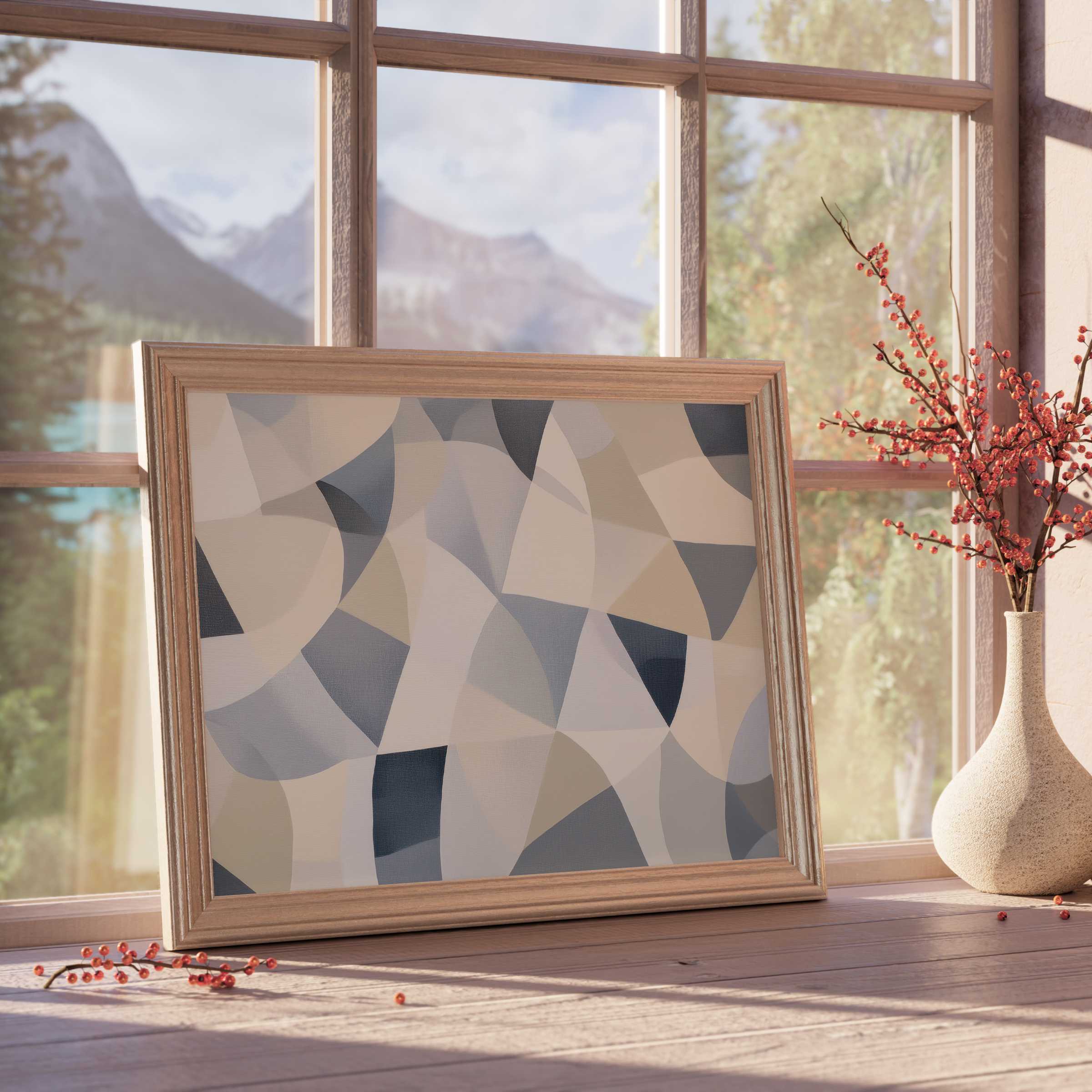 Abstract downloadable art in muted earth tones fosters a calm, curated vibe, elevating serene, design-forward interiors with timeless elegance