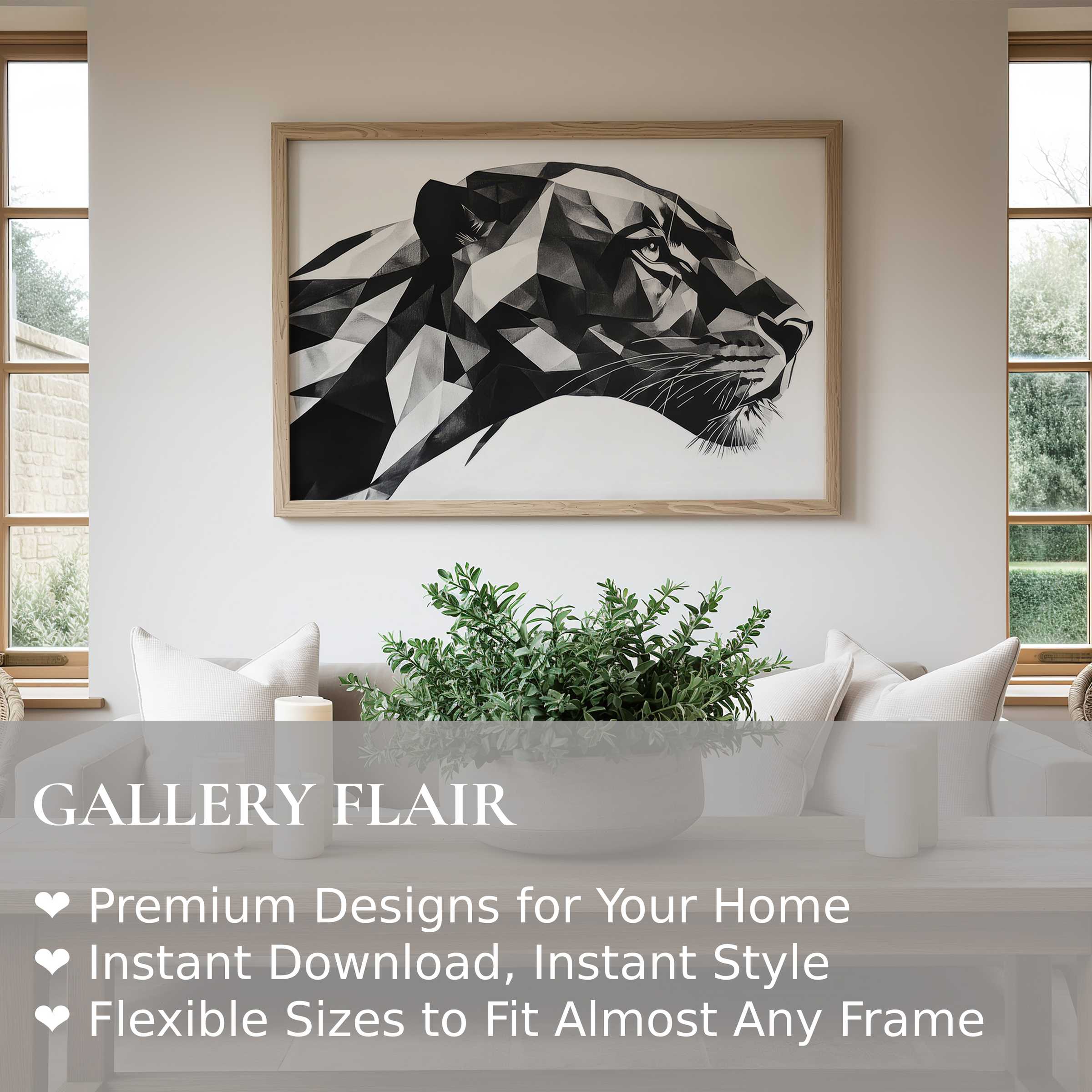 Geometric black and white wall art print of a majestic panther head adds bold, contemporary edge to minimalist living spaces