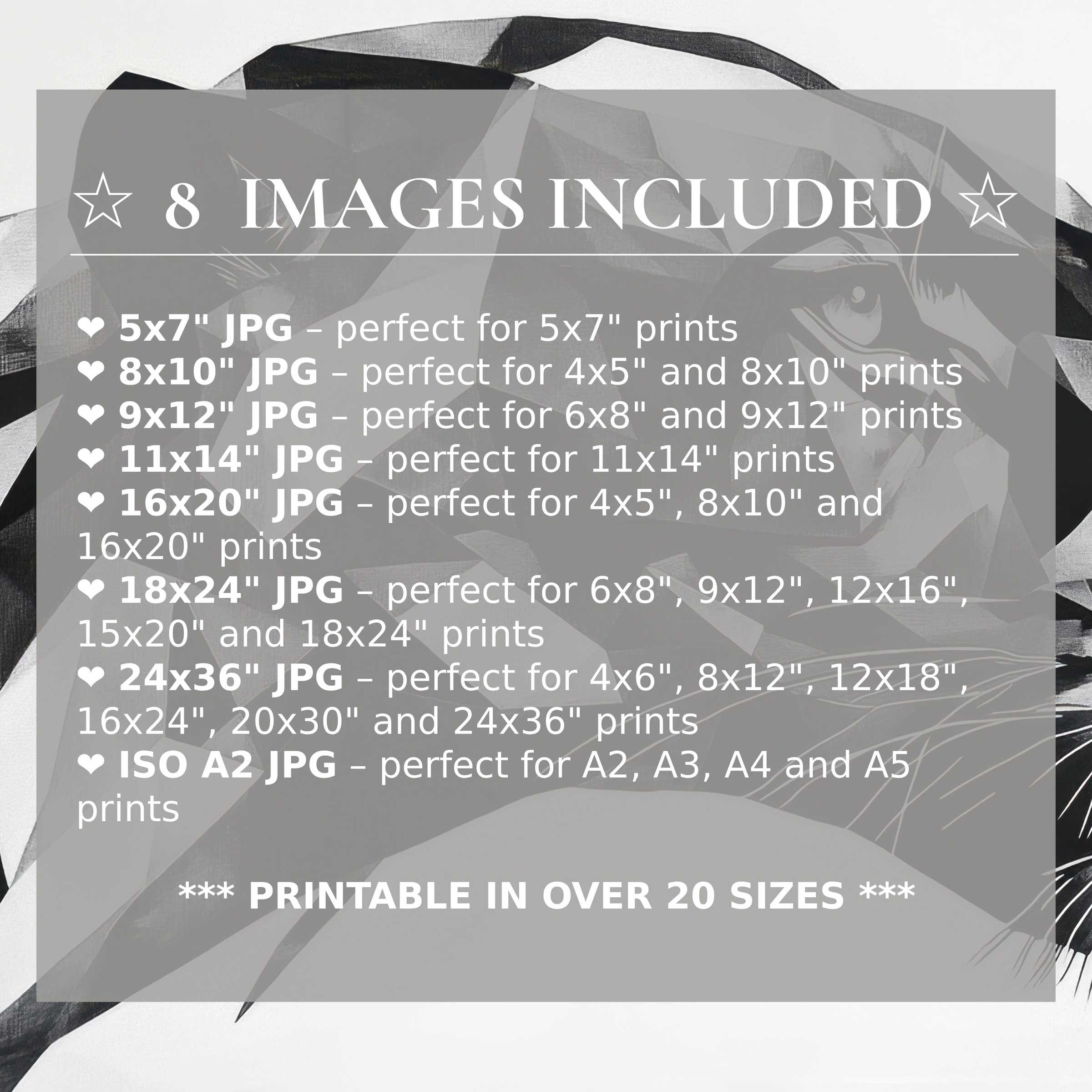 Sophisticated black and white digital print radiates bold contrast and timeless elegance, included in 8 premium high-quality sizes