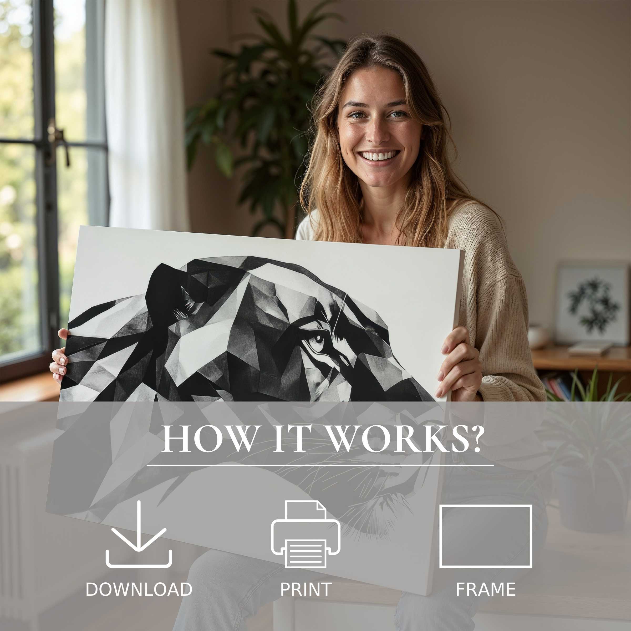 Refined black and white digital art print unveiling the joy of effortless elegance, connecting modern living with timeless abstract beauty