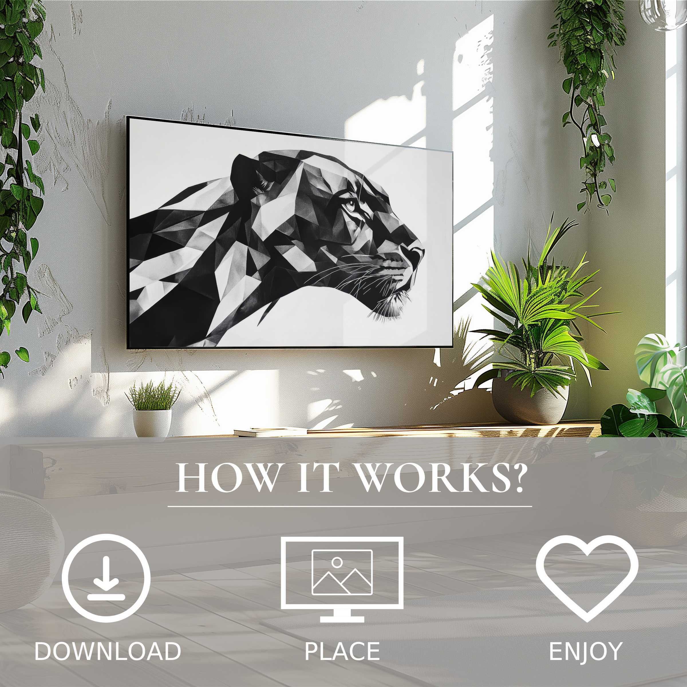 Black and white art for Samsung TV, geometric panther motif, easy digital download enriches modern living spaces