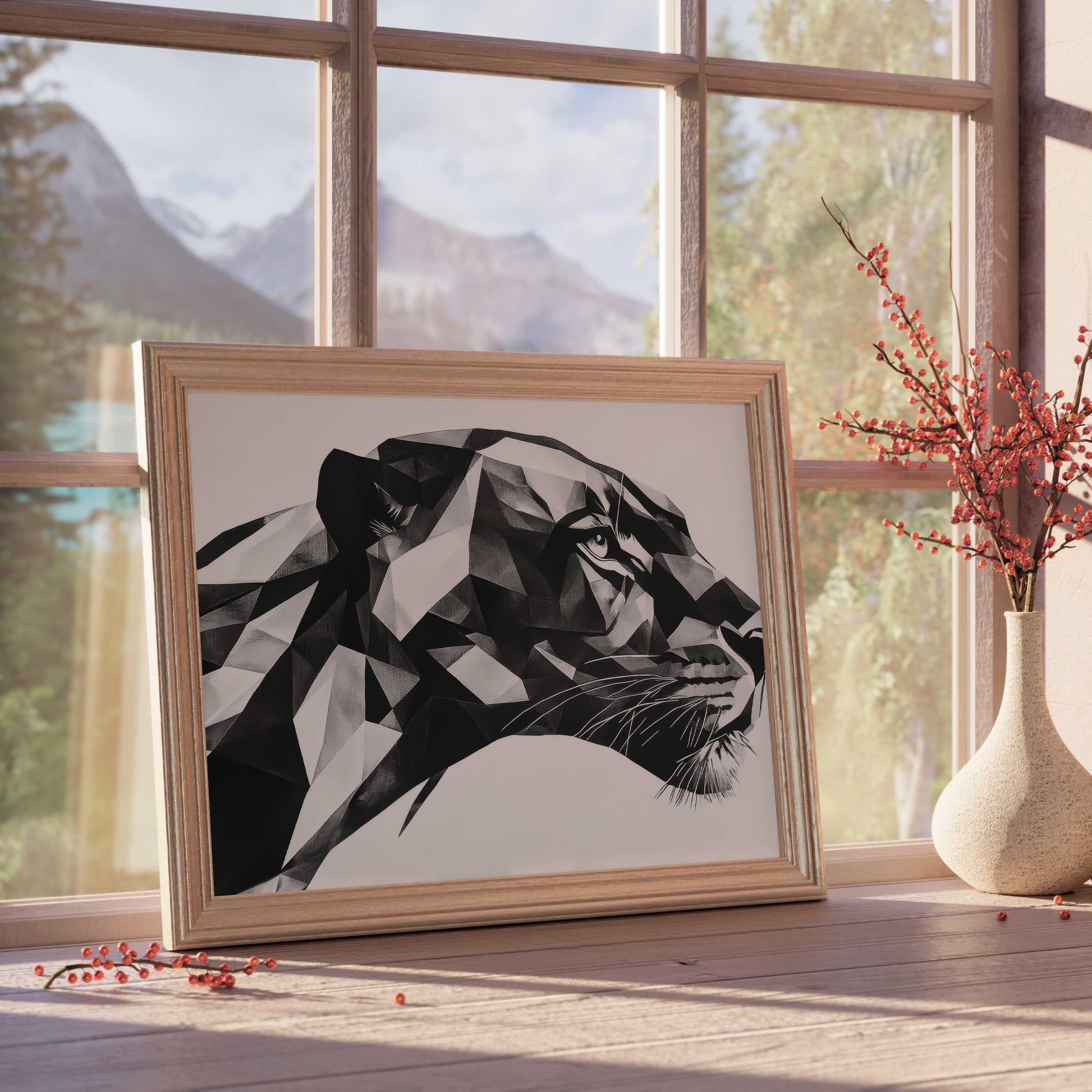 Black and white downloadable art of a geometric panther enhancing tranquil, design-forward interiors with curated elegance and bold minimalism