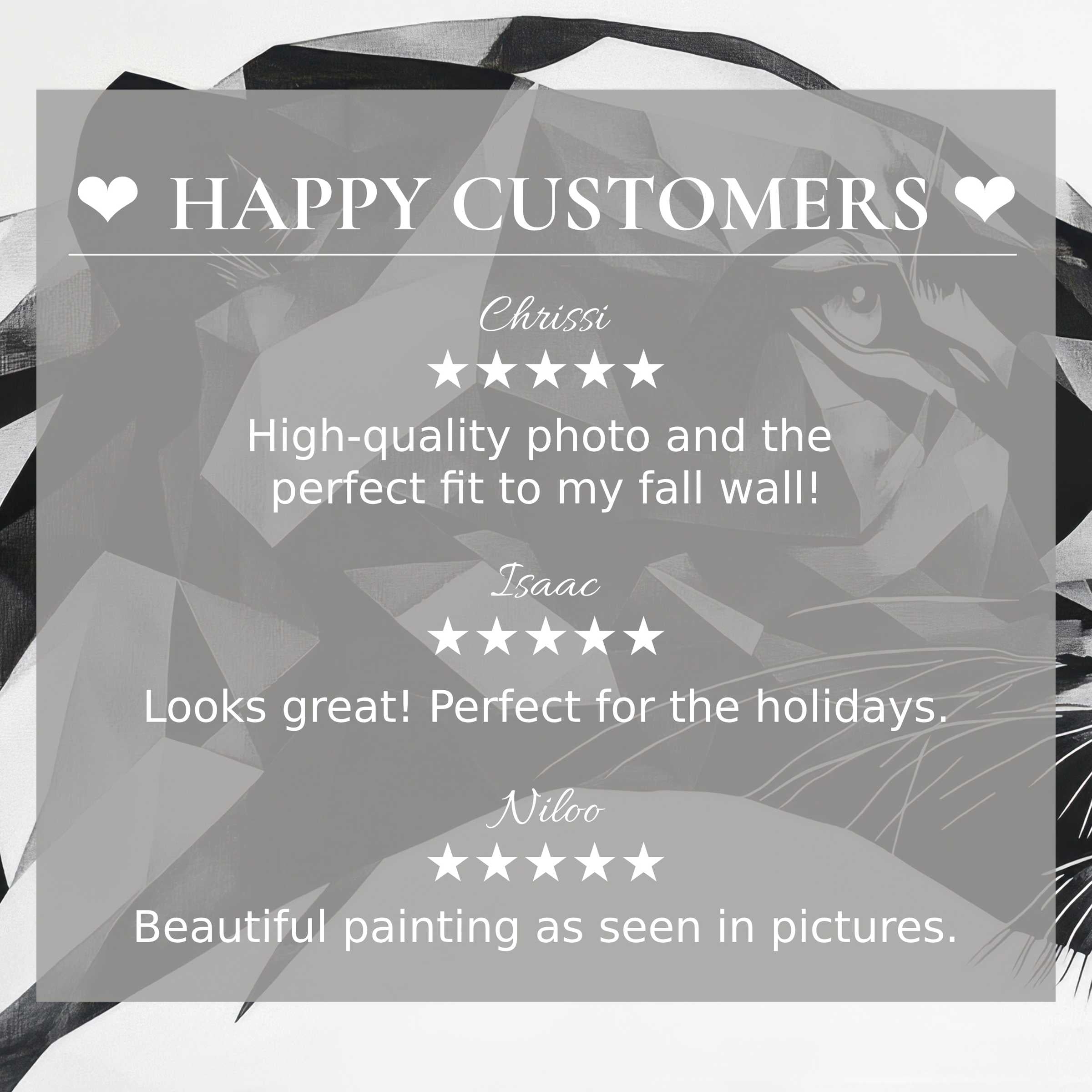 Modern black and white art for Frame TV with bold geometric lion; happy customer reviews build trust and elegance