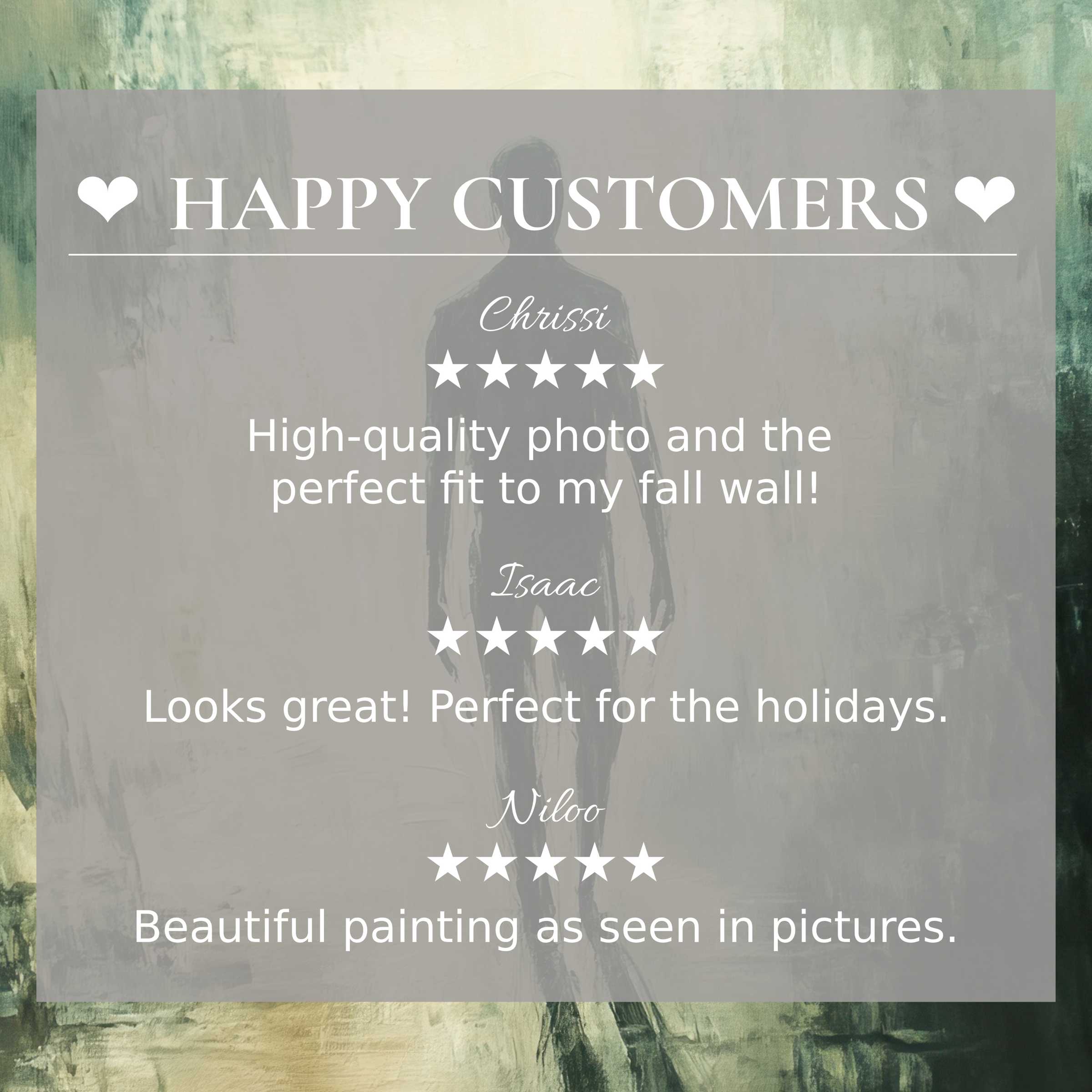 Elegant halloween art for Frame TV with abstract muted green background, showcasing happy customer reviews to inspire trust