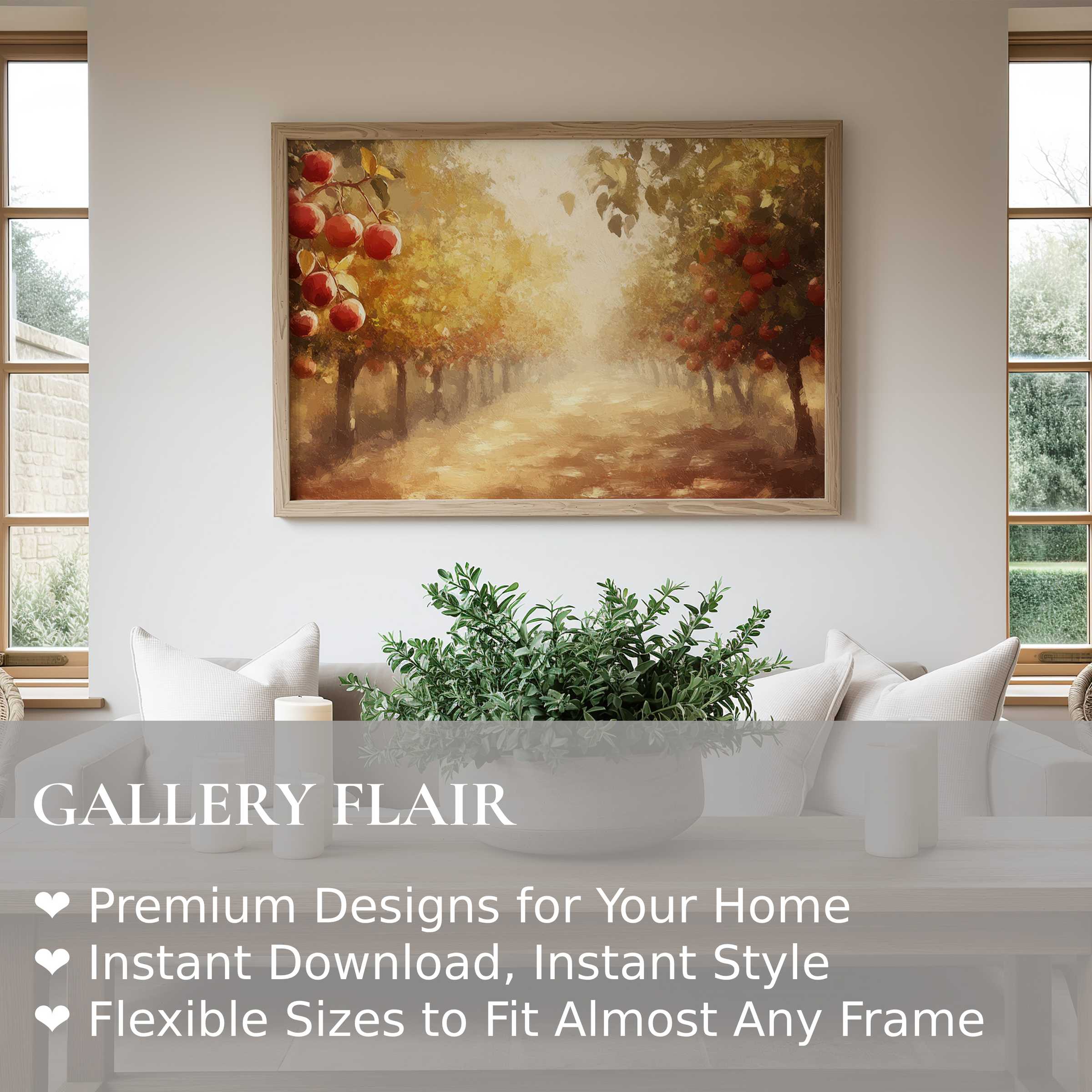 Elegant fall wall art print with radiant apple orchard scene, enriching modern neutral interiors with warm, inviting autumn charm