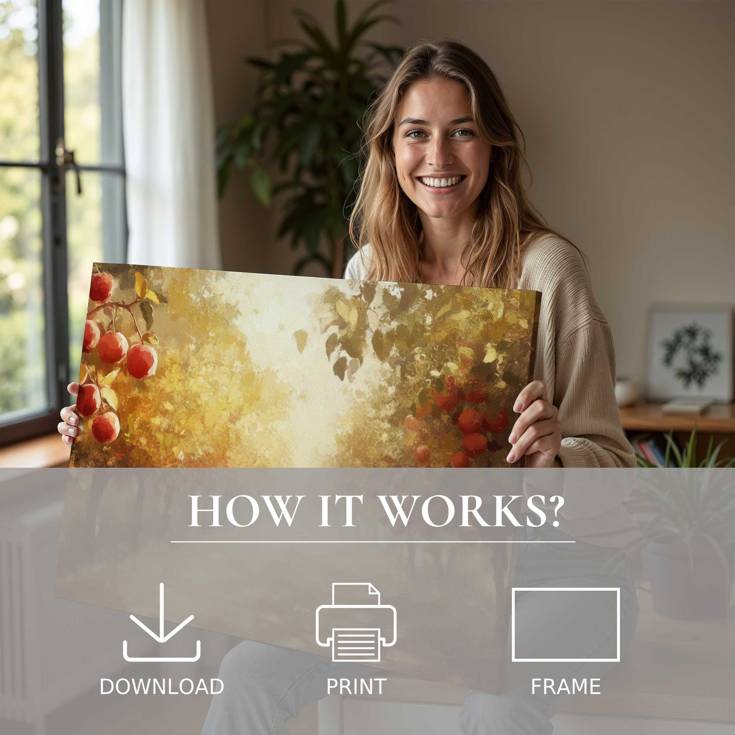 Radiant fall digital art print embraced in a sunlit modern home, evoking warmth, joy, and effortless artful living