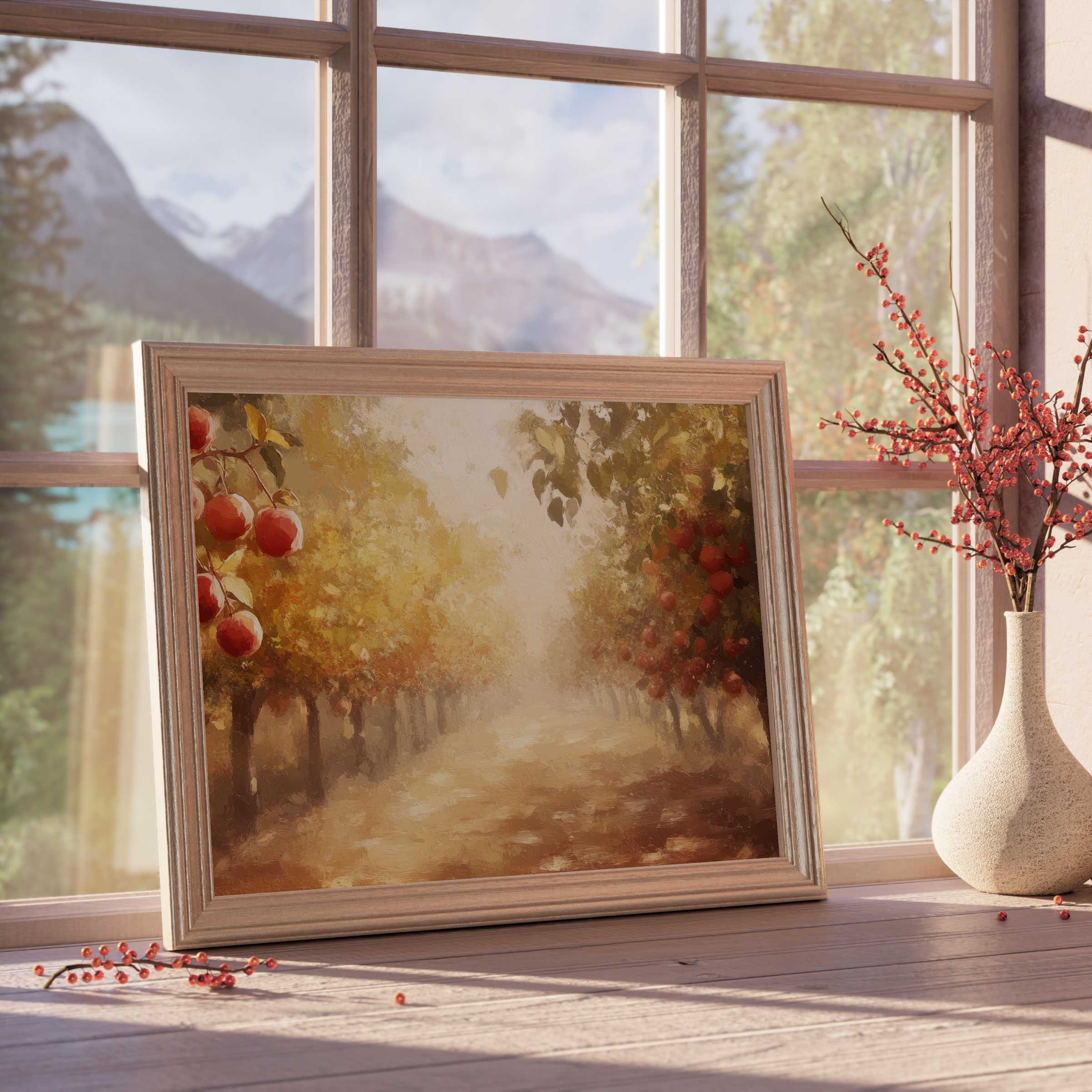 Sunlit fall downloadable art capturing a serene orchard path with warm amber hues, perfect for elegant, cozy interiors
