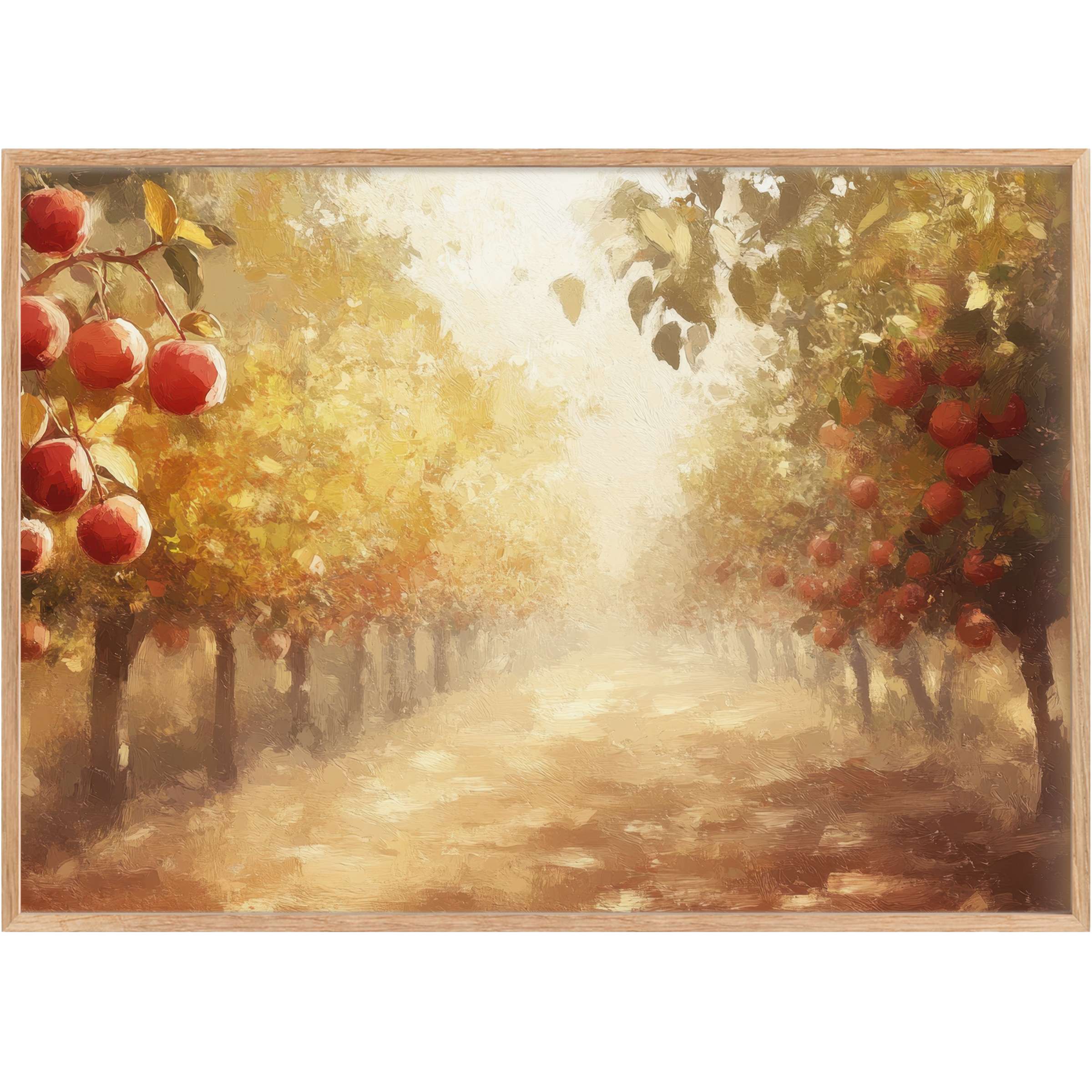 Fall printable wall art capturing a serene orchard bathed in golden, amber light, evoking warmth and calm elegance