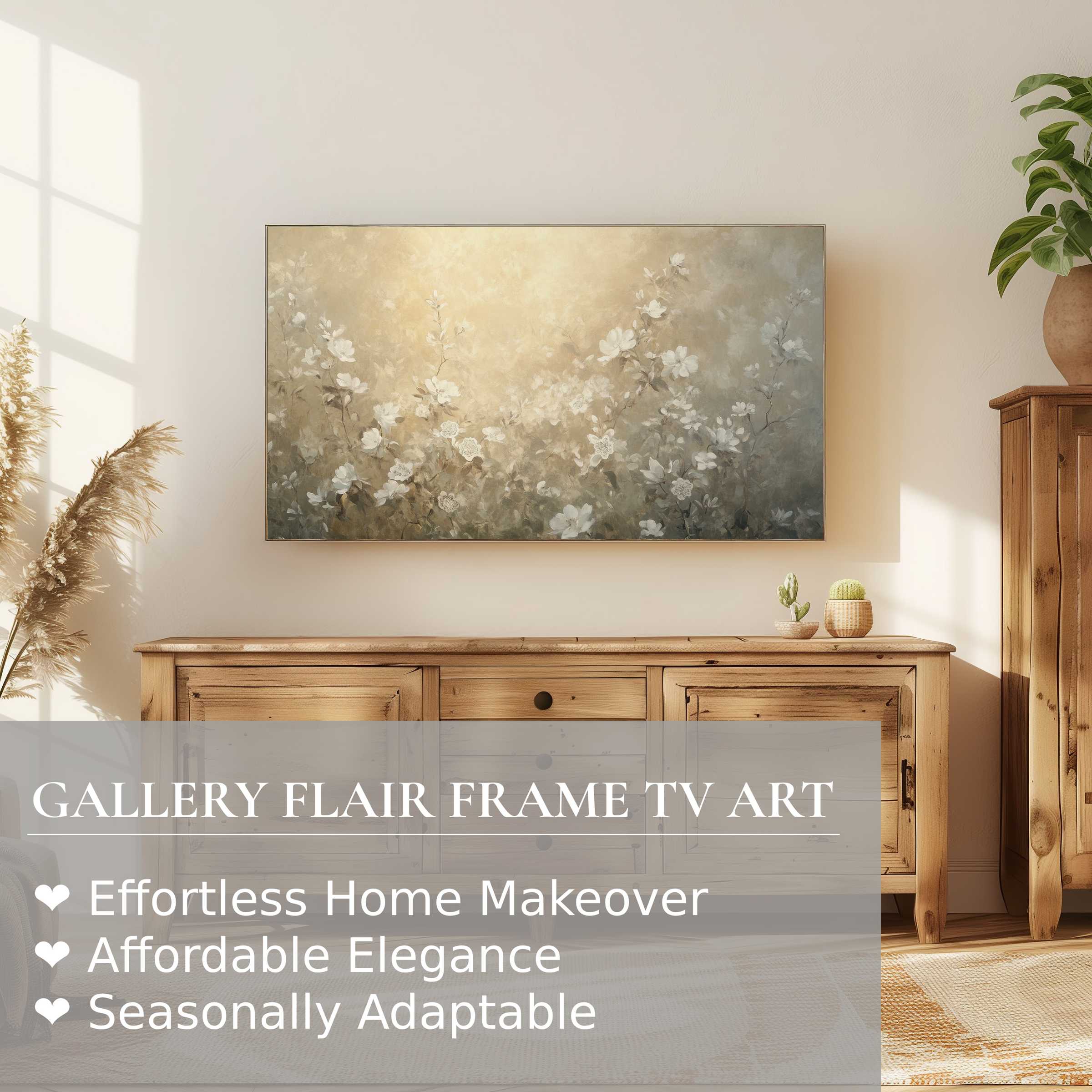 Samsung Frame TV displaying soft, muted botanical digital artwork in a warm, elegant, modern living space