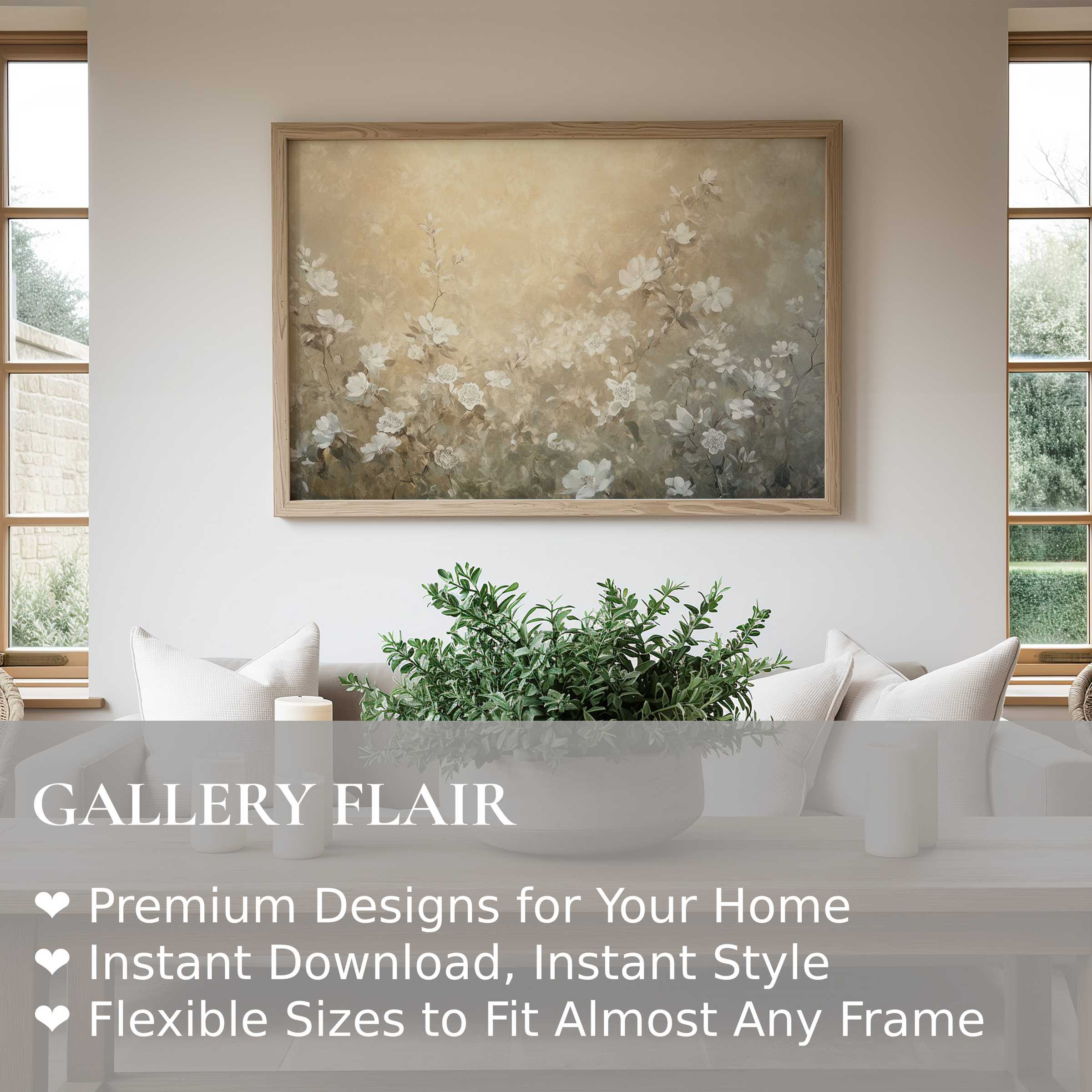 Botanical wall art print with soft, calming white blossoms in a neutral-toned modern living room, enhancing serene, elegant decor