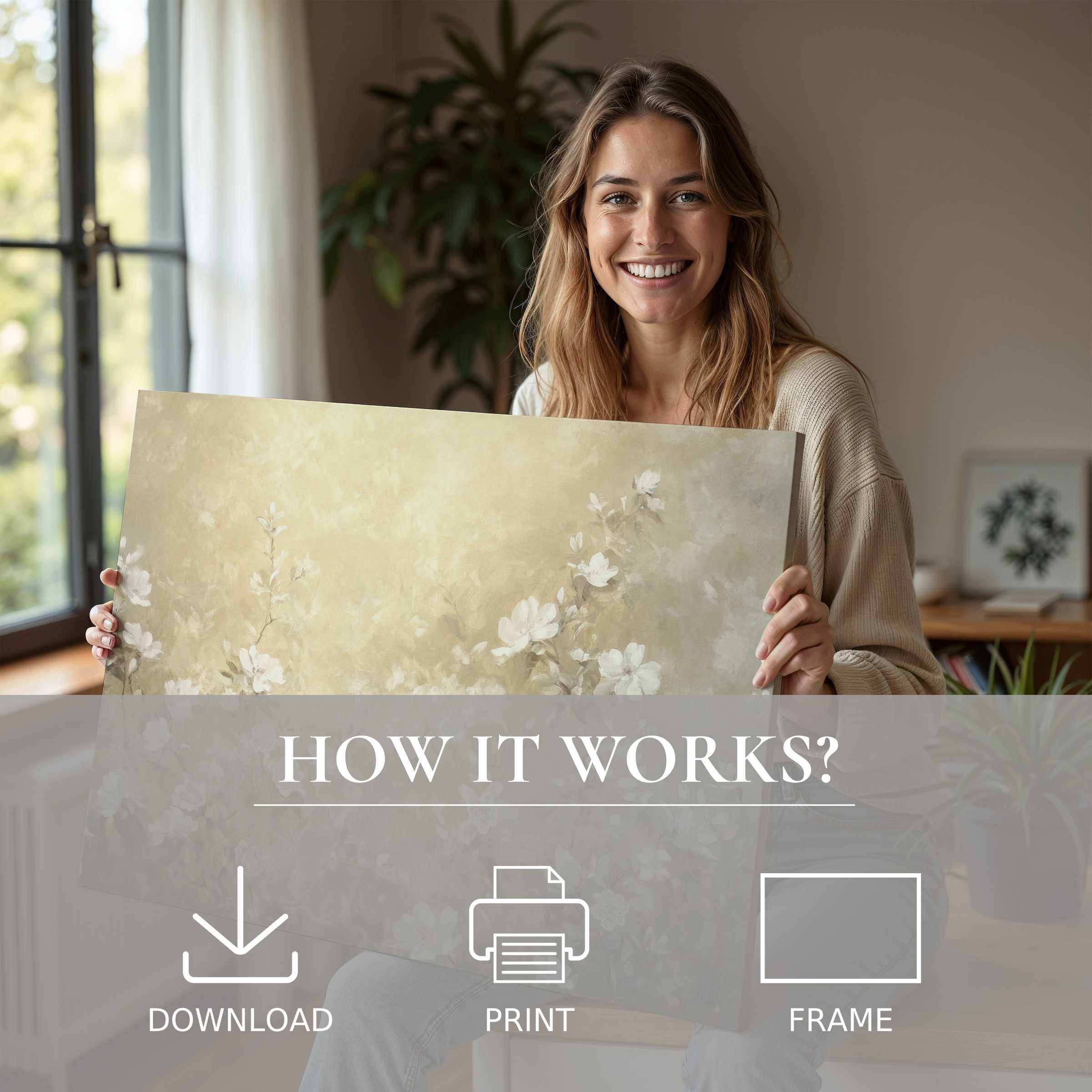 Woman in a sunlit modern home radiates joy, embracing a botanical digital art print that transforms space with serene elegance